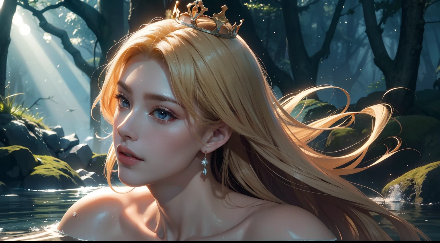 (live-action fantasy poster), beautiful composition, Gorgeous underwater lights, "1 boy, (Sosuke Aizen), close up, bad posture, bleach, Strong aura, purple halo", HD, An unparalleled masterpiece, Dynamic lighting, , epic "(dynamic poses), Confident, powerful and mysterious smile, (crown), beautiful blonde, (perfect facial features)", (enchanted forest: 1.3), (Magical brilliance: 1.2), Elegant and elegant, (Secluded beach: 0.8), (shell: 0.9), (flawless skin: 1.2), A masterpiece of stunning detail, best quality: 1.2),