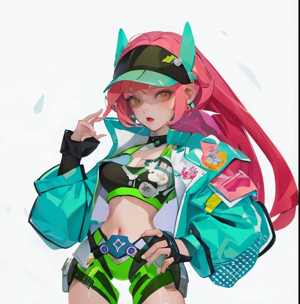 (masterpiece, best quality) detailed, 1character , blue archive art style , Wearing a light blue jacket, a pink belt , Outfits inspired by BLACKPINK, crop top,stunning woman , short hair , blonde hair , orange eyes , no students , pink lips , pale skin , ￼26 years old, 
 , Soft faded color , Cell shadowing ,