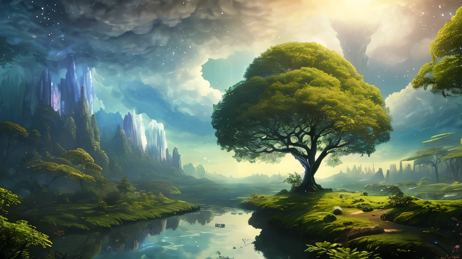 Surreal illustration , otherworldly, A super sky scene with the whole body of a giant crystal tree,Very detailed and magical lighting, Intricate forest details, Surrounding vegetation and rivers, sunpunk ,landscape, giant tree, beautiful green leaves，Beautiful lighting and realistic proportions, as if it were the background, 8k, best quality, masterpiece, Clouds and stars in the sky.