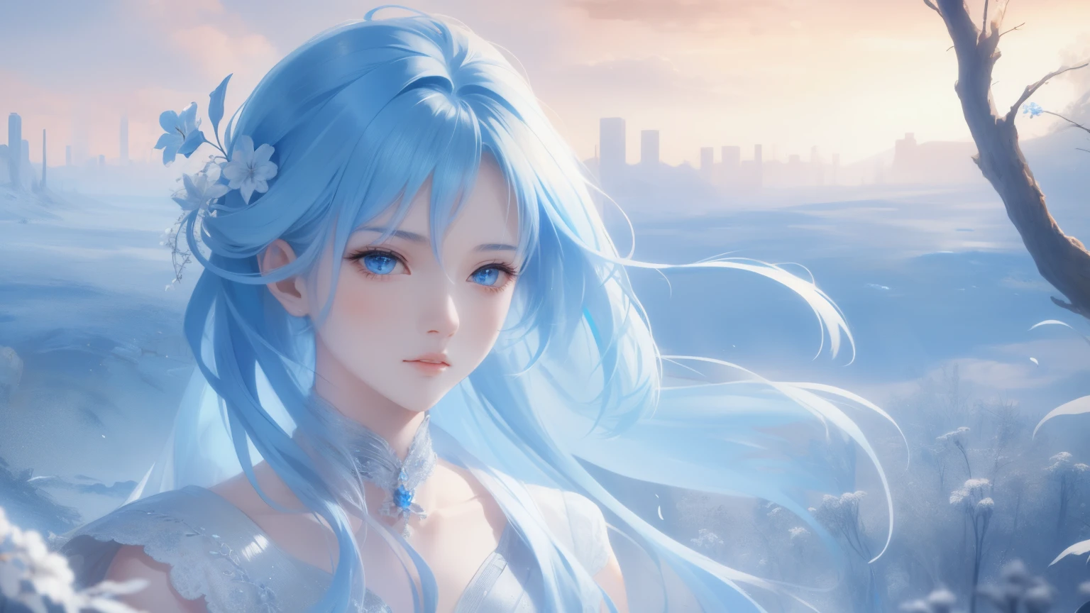 high quality,1 girl,Super detailed CG illustration of a young man with a calm expression, Stare into the distance,His striking light blue hair blew gently in the desert breeze. The landscape behind him is vast and stunning, Taking viewers into a world of wonder and discovery.More ideas