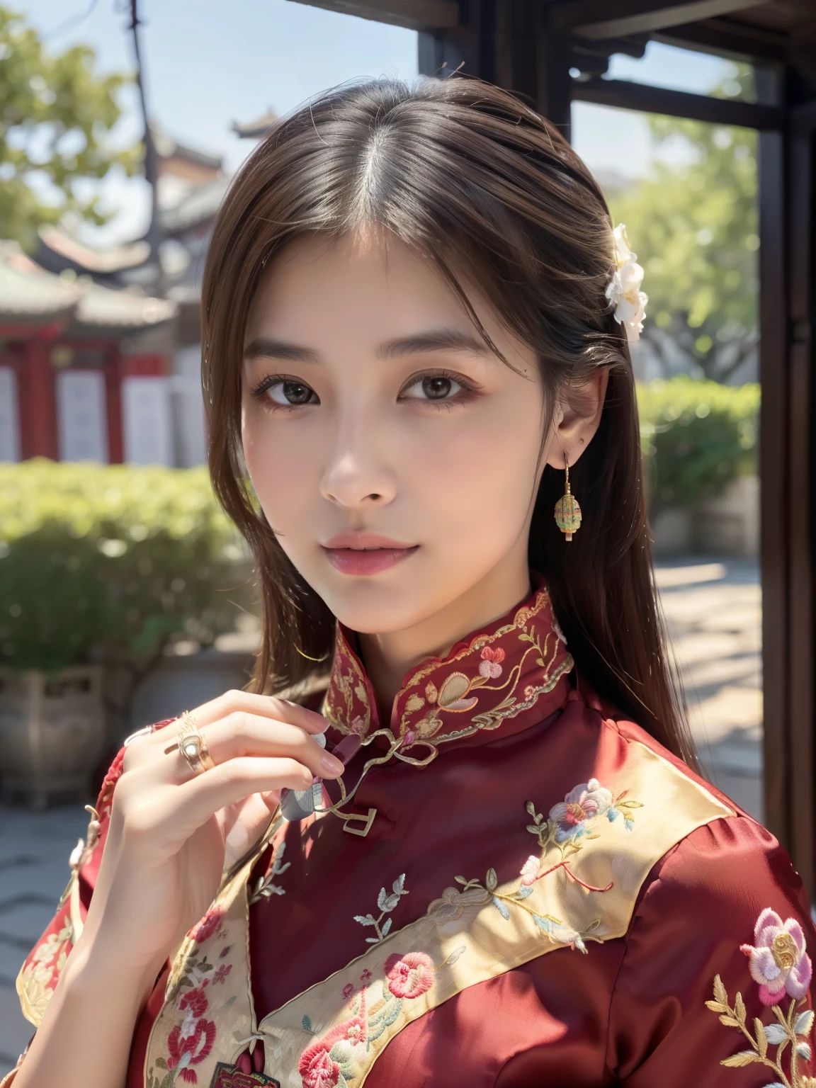 ulzzang-6500-v1.1, (Raw foto:1.2), (Photorealsitic:1.4), Delicate beautiful girl,The sparkling eyes have a very nice atmosphere..,18yo, Attractive eyes and moist lips,cabelos preto e longos,(ssmile:1.3),Detailed depiction of the face,Formula details,Detailed depiction of facial features Star Masterpiece Fine Detail,Describe your role in detail,Detailed depiction of hair,Carefully drawn ,My body is bumpy,Detailed depiction of the hand,Clothes drawn in detail,Detailed depiction of the face,face perfect,Detailed depiction of hands drawn in the military,4fingers and 1thumb:1.3),orthofacial,choker necklace,lipsticks,eardrop,Photo of three-quarters,Works of masters,Infinitely close to reality,(Upper body photo:1.3),Highest image quality,best qualtiy,infinite details,8k resolution,(((Beautiful patterned embroidered cheongsam 1.3))),(((red cheongsam))),(Ancient courtyard scene:1.3)
