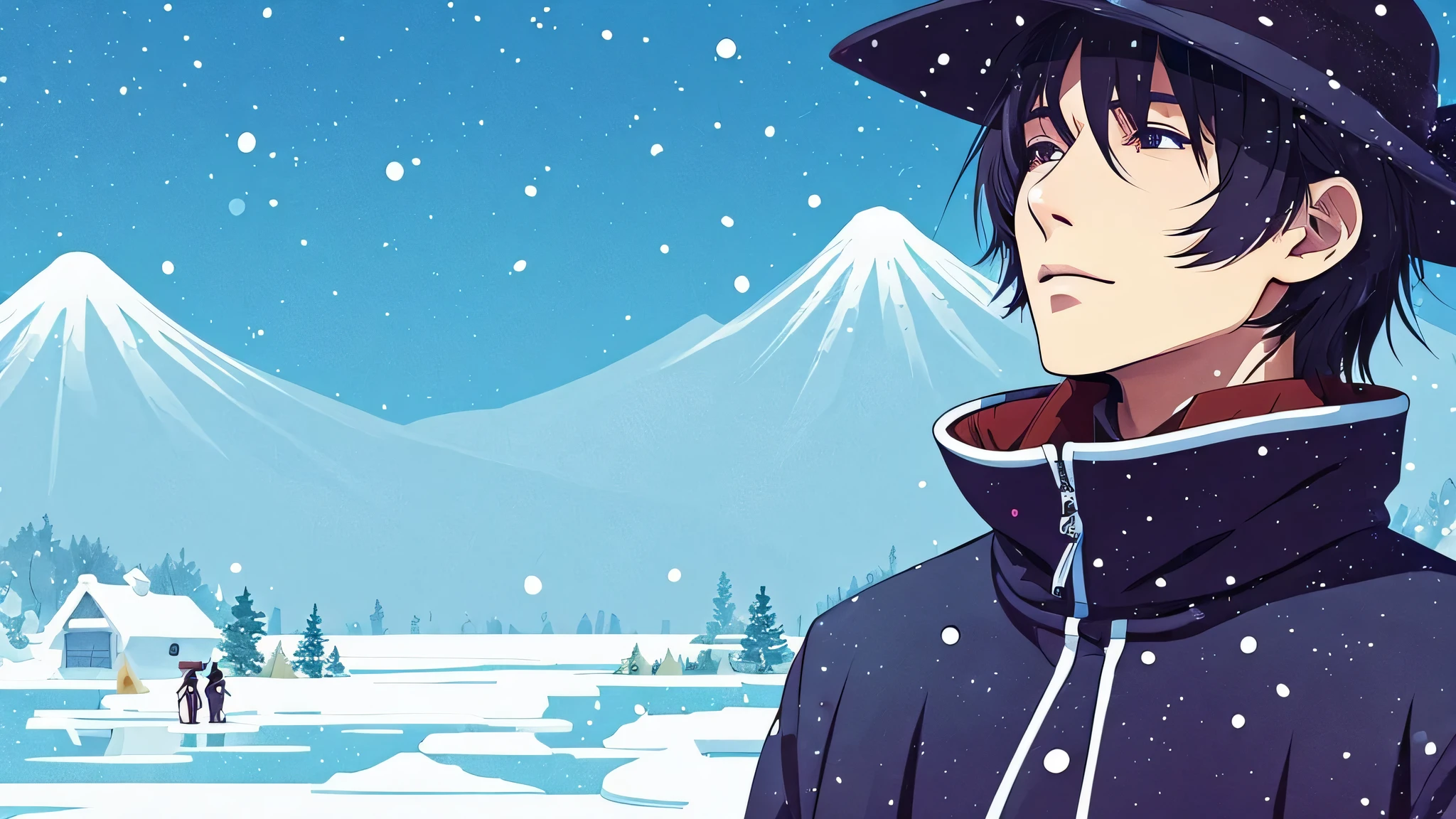Japanese anime, northern winter, beautiful illustrations, male, Super detailed, people々will be uploaded to