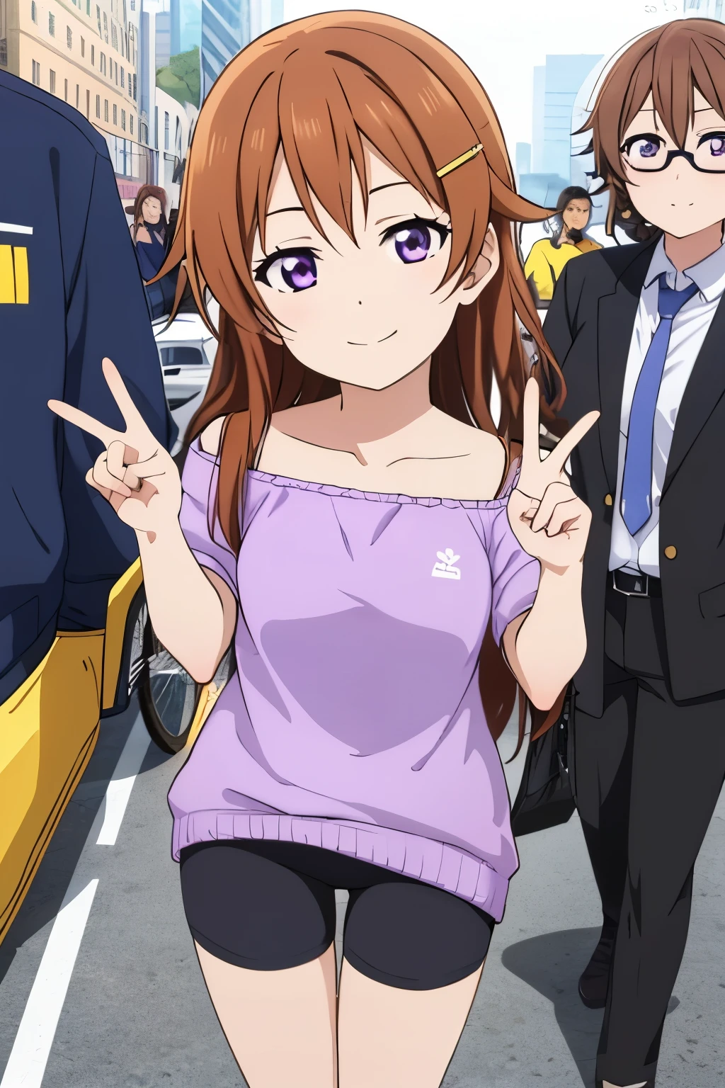 (best quality, masterpiece:1.2), (1girl, solo:1.2), smile, detailed background, (looking at viewer, solo focus:1.2),
Konoe kanata, long hair, straight hair, purple eyes, brown hair, off-shoulder, purple dress, purple shirt short, short sleeves, standing, two peace sign, solo focus, bike shorts, black bike shorts, looking ahead, bike shorts, black bike shorts,