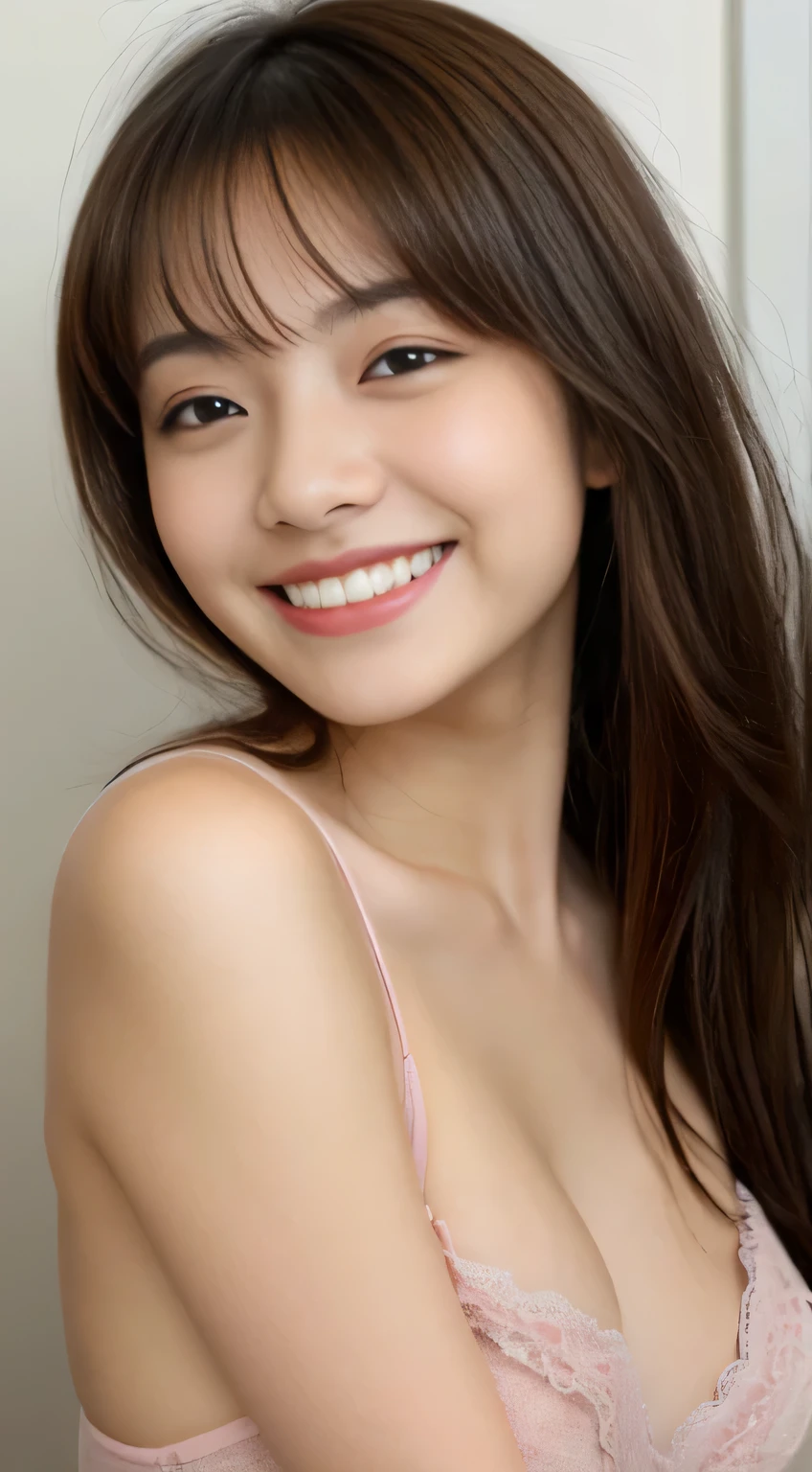 Japanese ),((beautiful girl)),cleavage,An expression that imagines something pleasant:1.2,(perfect body beauty:1.2),((perfect body)),(shy smile),beautiful teeth,