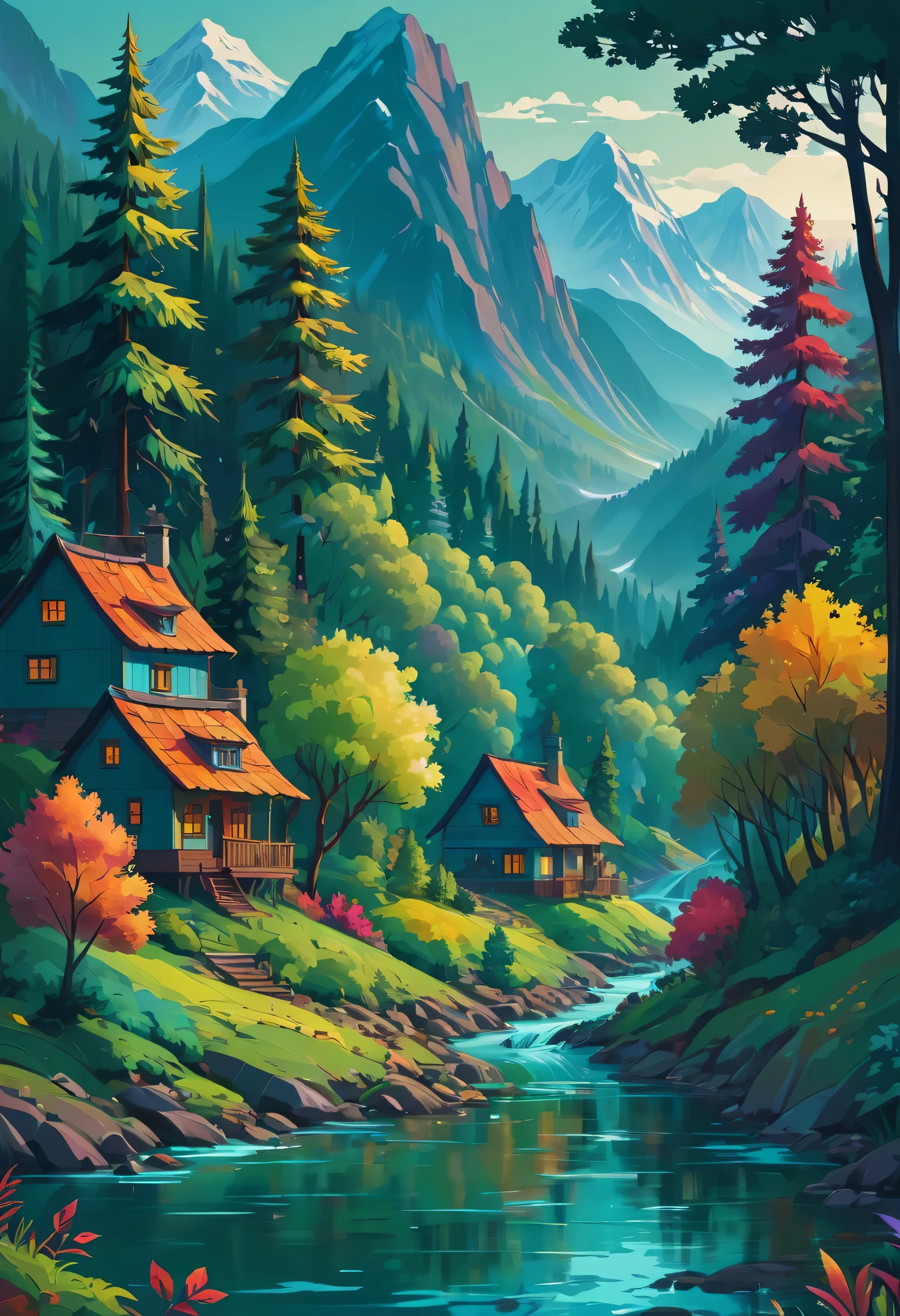 Abstract style forest, mountain, river, house . Non-representational, colors and shapes, expression of feelings, imaginative, highly detailed