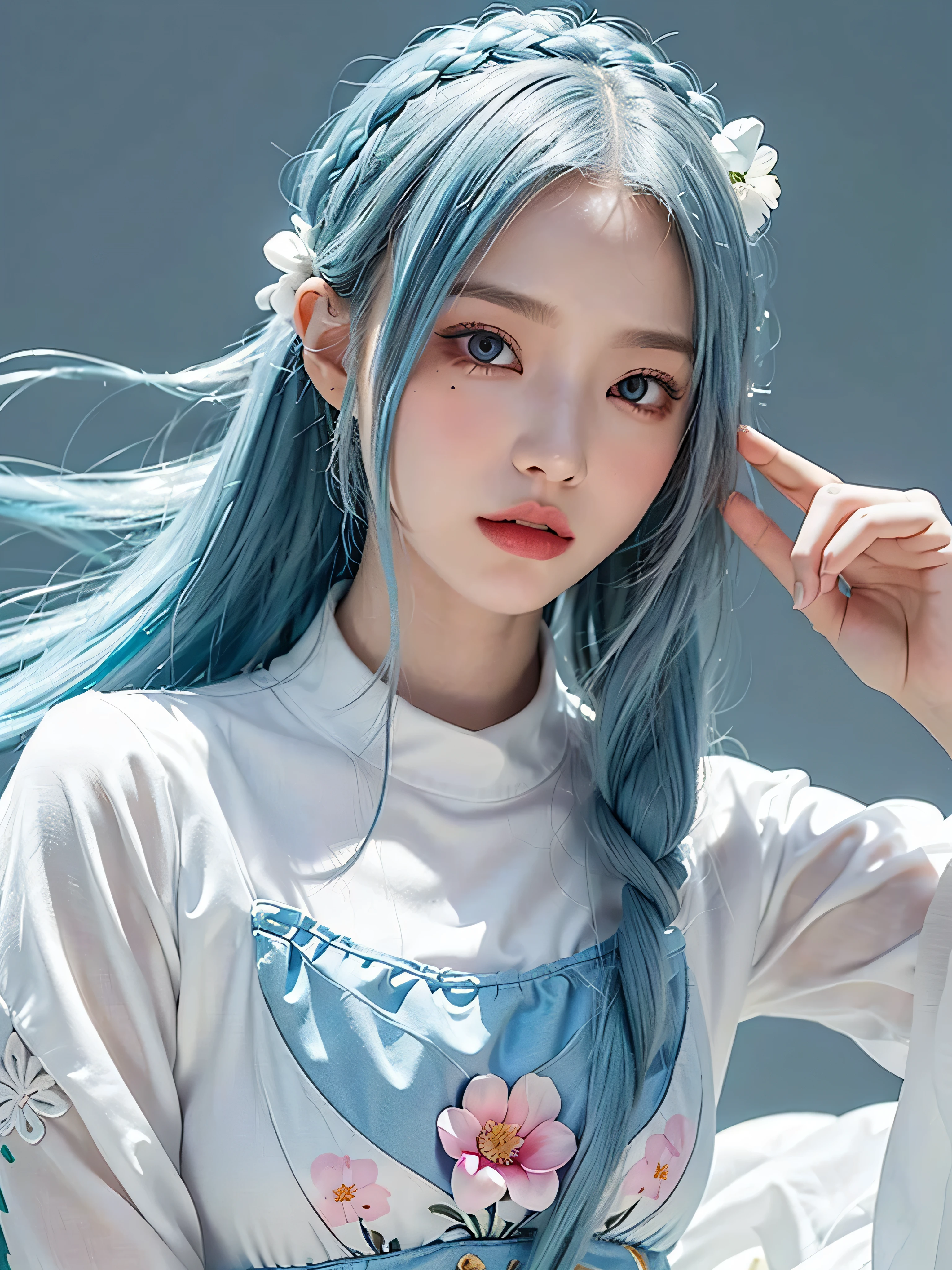(masterpiece), (best quality), (ultra detailed),(disheveled hair),(illustration), (1girl), (Fashionable clothing), standing, Fashion model, looking at viewer, (interview), (simple background),beautiful detailed eyes, delicate beautiful face, Floating,(high saturation),(colorful splashes),colorful bubble,(shining), focus on face, ponytail, kamisato ayaka, light blue hair, bangs, hair ring, floating flowers, floating hairs, (shining), best lighting, best shadow,