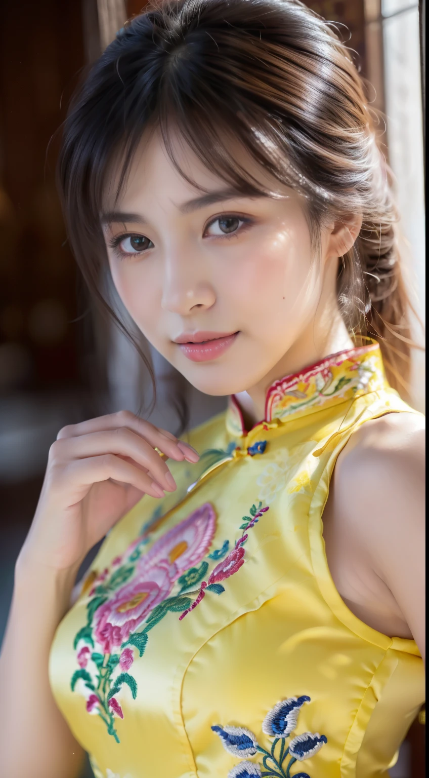 ulzzang-6500-v1.1, (Raw foto:1.2), (Photorealsitic:1.4), Delicate beautiful girl，The sparkling eyes have a very nice atmosphere..，18yo, Attractive eyes and moist lips，cabelos preto e longos，（ssmile：1.3），Detailed depiction of the face，Formula details，Detailed depiction of facial features Star Masterpiece Fine Detail，Describe your role in detail，Detailed depiction of hair，Carefully drawn ，My body is bumpy，Detailed depiction of the hand，Clothes drawn in detail，Detailed depiction of the face，face perfect，Detailed depiction of hands drawn in the military，4fingers and 1thumb：1.3），orthofacial，choker necklace，lipsticks，eardrop，，Photo of three-quarters，Works of masters，Infinitely close to reality，（Upper body photo：1.3），Highest image quality，best qualtiy，infinite details，8k resolution，(((Beautiful patterned embroidered cheongsam 1.3)))，(((Yellow cheongsam)))，（Ancient courtyard scene：1.3）