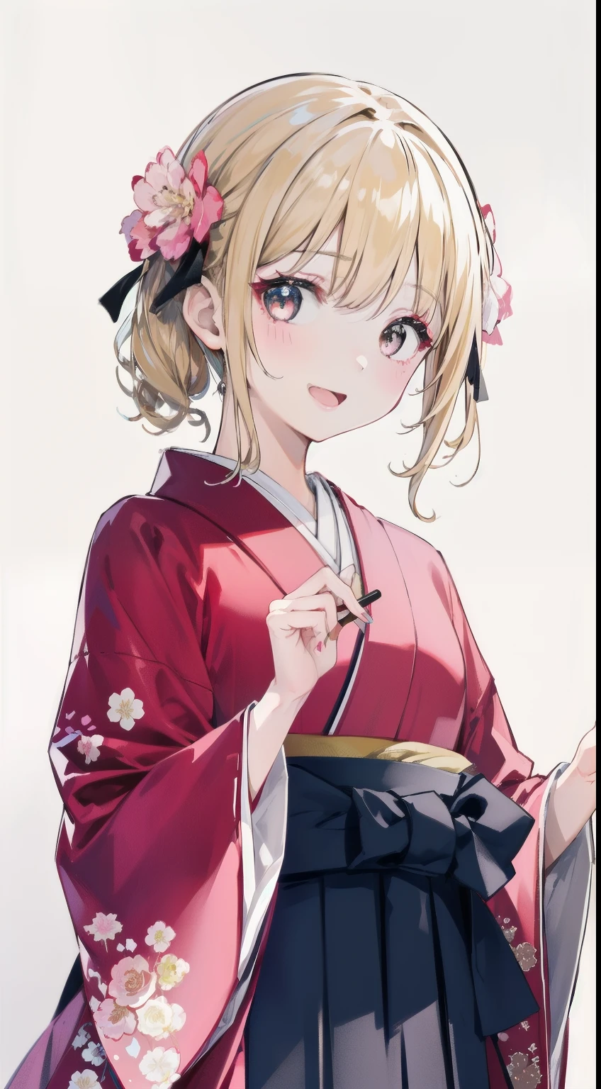 High resolution、An illustration、1 girl、beautiful face、cute、white background、2D、Hakama、pink kimono、白のHakama、No bangs、Upper body、gal、(wheat-colored skin:1.2)、Makeup、blonde hair、pink lipstick、laughing、graduation ceremony、black eyes、