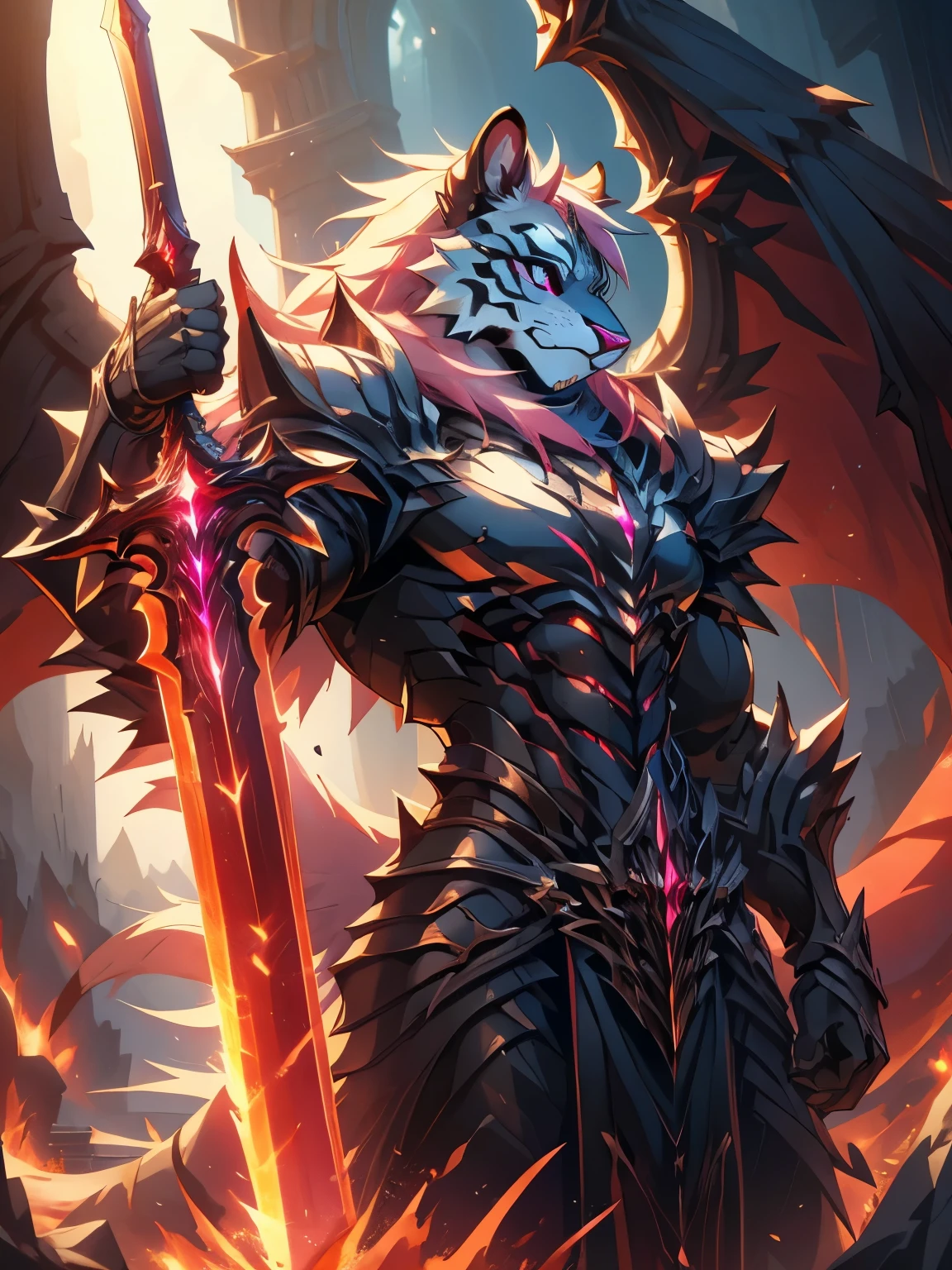 male, furry, tiger anthro, solo, white fur, pink eyes, (Realistic eye details 1.2), V0id3nergy, red great sword, Masterpiece, dramatic lighting, soft lighting, day, highly detail, Hair coiled, epic fantasy art style, epic fantasy digital art style, anatomically correct, accurate, UHD, 1080P