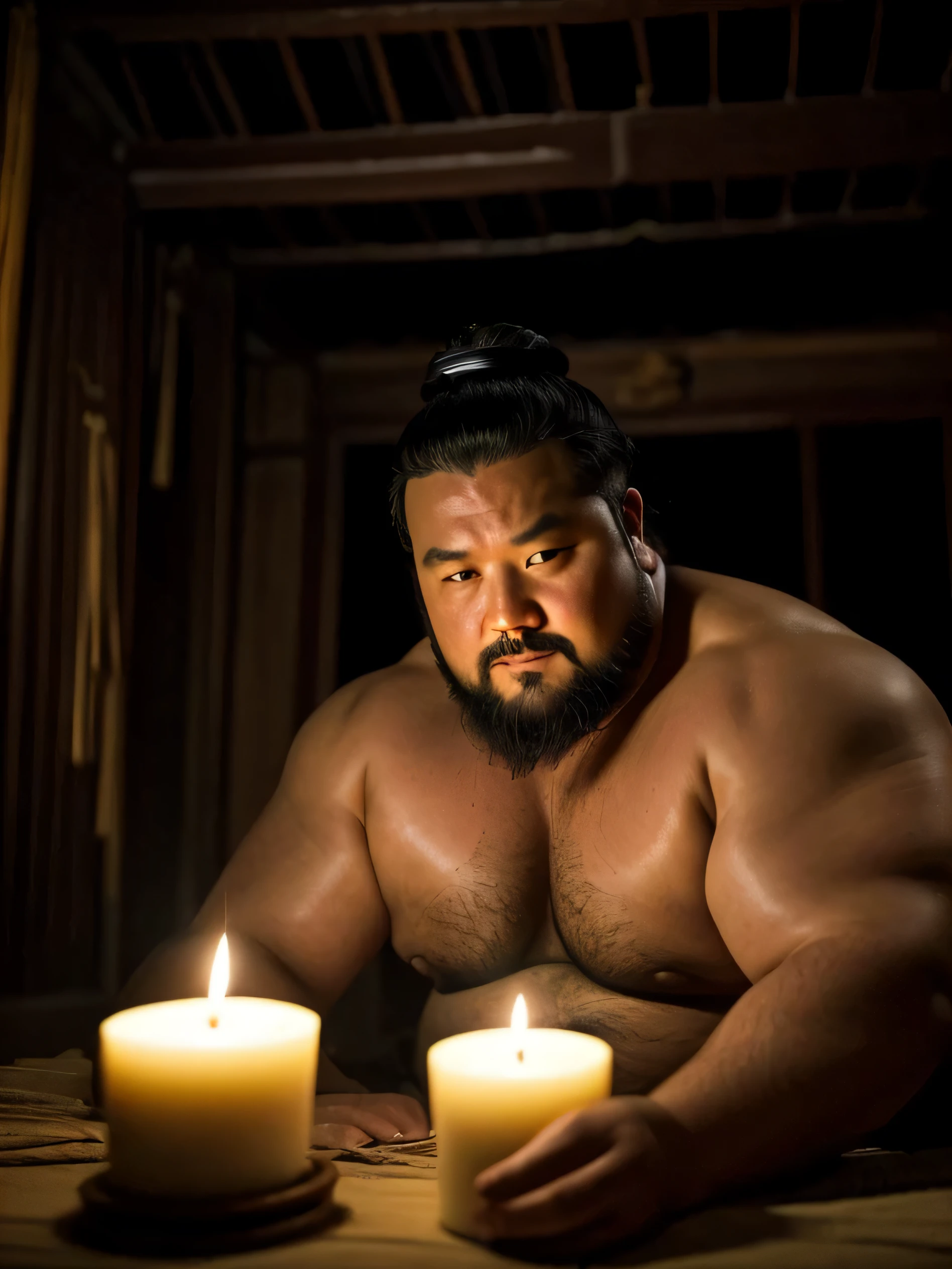 Arafed man with a beard and a candle in a dark room - SeaArt AI