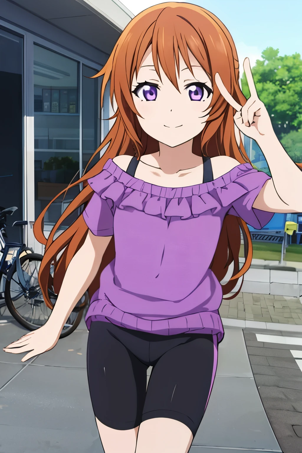 (best quality, masterpiece:1.2), (1girl, solo:1.2), smile, detailed background, (looking at viewer, solo focus:1.2),
Konoe kanata, long hair, straight hair, purple eyes, brown hair, off-shoulder, purple dress, purple shirt short, short sleeves, standing, two peace sign, solo focus, bike shorts, black bike shorts, looking ahead, bike shorts, black bike shorts,