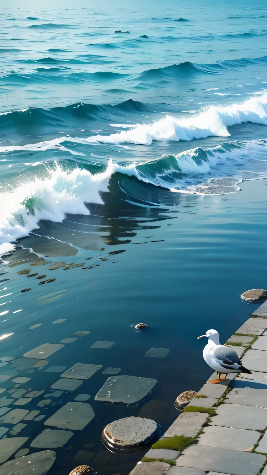 high quality，High image quality，1080p，sea level，only the sea，From the shore towards sea level，clear sky，in calm water，imagine，Clear，One Way，Water flooded the sidewalk，cobblestone，sun，blue sky，Baiyun，glow，reflected light from water，seagull，  Minimalism