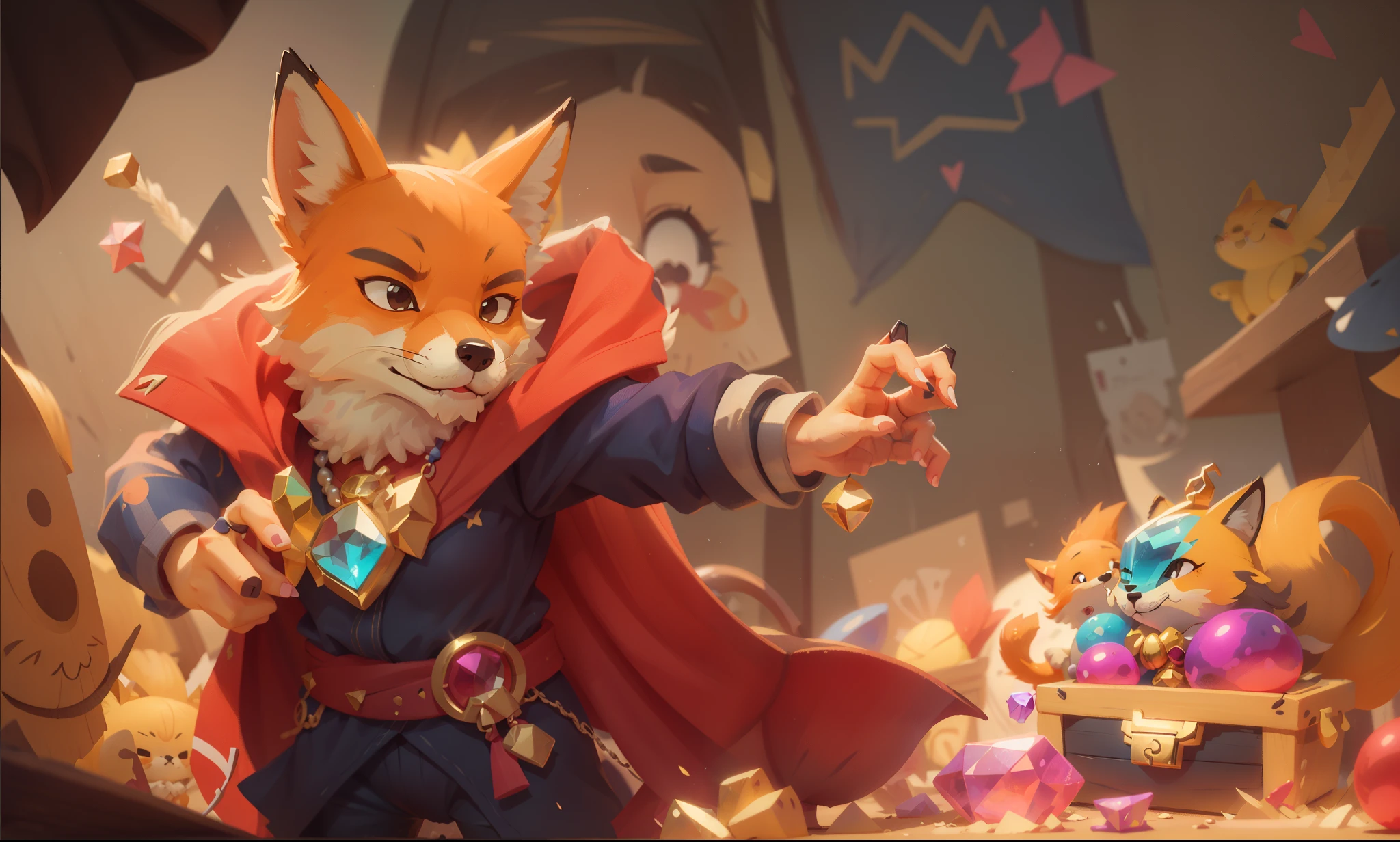 Lovely,, fox, affinity, treasure chest,gold,gem,(Misaki)bigbadho, portrait, masterpiece, 3d rendering, best quality, many details,, (vinyl toy figurines), (perfect hands),