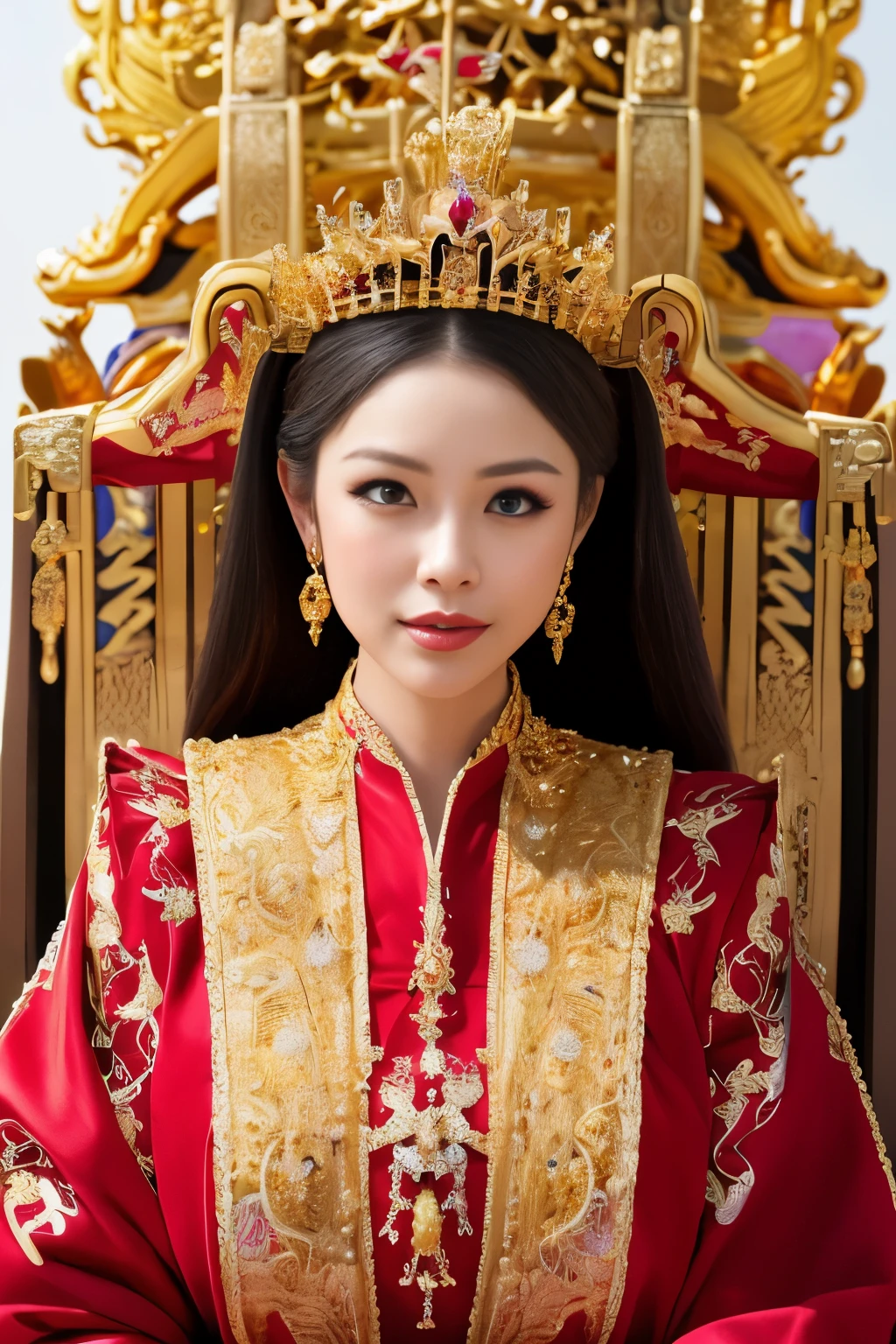 best quality, masterpiece, detail, intricate detail, realistic cinematic lighting, (fantasy art: 1.6), (seiza: 1.1), (front: 1.2), upright, royal, majestic, queen, (huge and golden throne: 1.4), crown, close-up front, solemn, throne, upright posture, seriousness, dignity, gaze ahead, contemplation, jewelry, solo, divine ray, 1 woman, gold and red dress, golden palace,