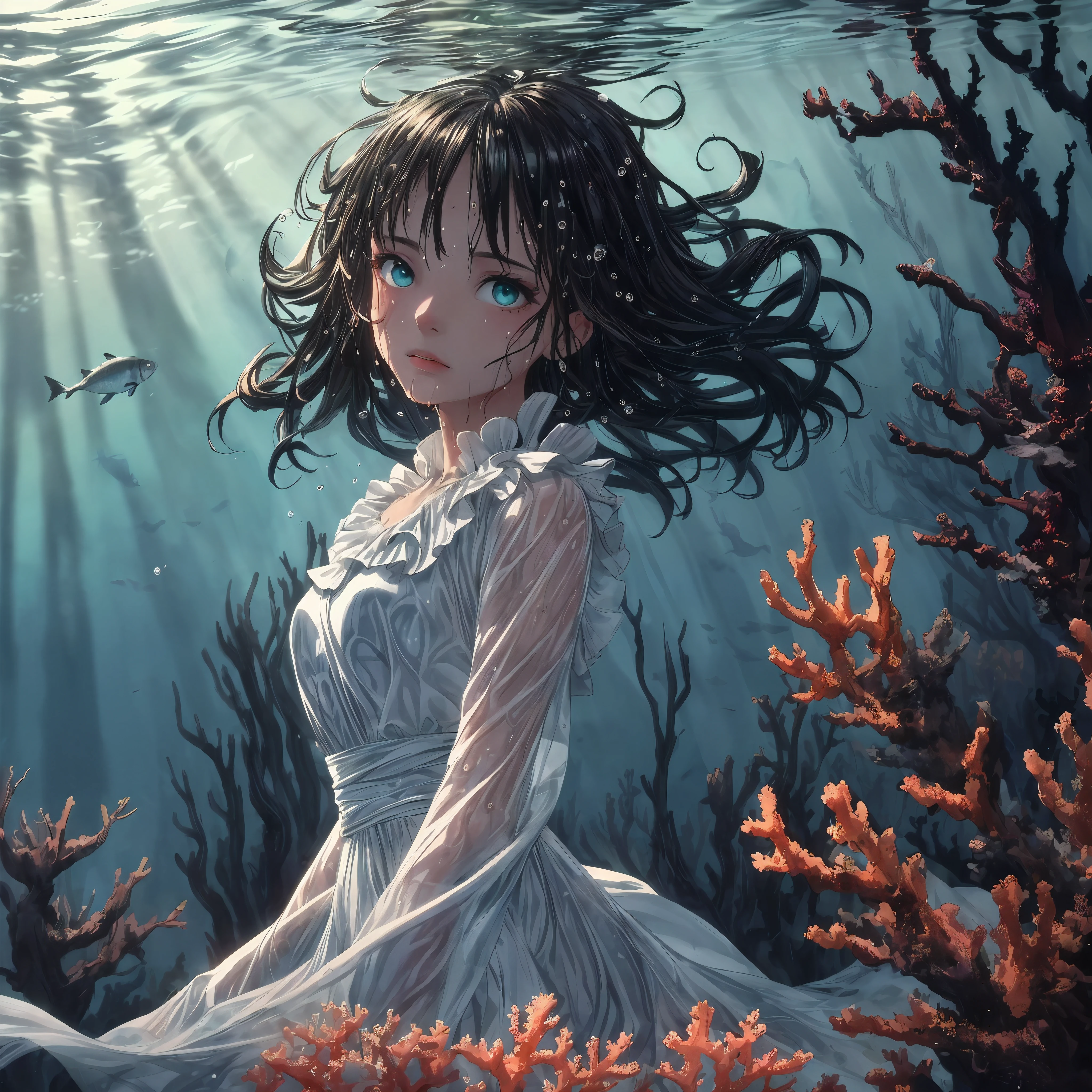 (((masterpiece))),(((best quality))),((super detailed)),((underwater)),(illustration),(beautiful and delicate water),((coral)),((chiaroscuro)), open tuck,((Extremely delicate and beautiful girl)),(Throw),dynamic angle,floating,(beautiful and delicate eyes),(Detail lights),(change),floating hair,glowing eyes,(splash),underwater)),black hair, thick hair, green right eye,iceblue left eye,White silk long dress, (wet clothes), texture, best decoration, best wrinkles, best shadow, feather,nature,(Sunlight),(underwater forest),(painting),(bloom),(Detailed glow),(soak),seaweed,fish,(((Tyndall effect))),