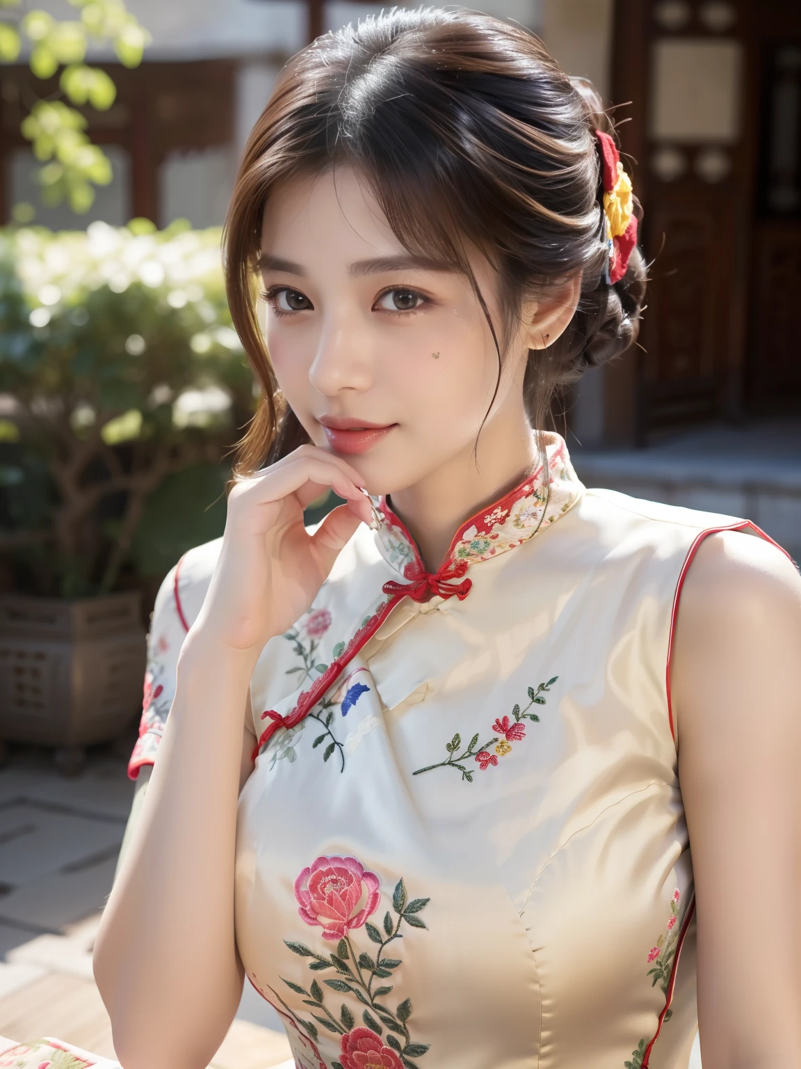 ulzzang-6500-v1.1, (Raw foto:1.2), (Photorealsitic:1.4), Delicate beautiful girl，The sparkling eyes have a very nice atmosphere..，18yo, Attractive eyes and moist lips，cabelos preto e longos，（ssmile：1.3），Detailed depiction of the face，Formula details，Detailed depiction of facial features Star Masterpiece Fine Detail，Describe your role in detail，Detailed depiction of hair，Carefully drawn ，My body is bumpy，Detailed depiction of the hand，Clothes drawn in detail，Detailed depiction of the face，face perfect，Detailed depiction of hands drawn in the military，4fingers and 1thumb：1.3），orthofacial，choker necklace，lipsticks，eardrop，Photo of three-quarters，Works of masters，Infinitely close to reality，（Upper body photo：1.3），Highest image quality，best qualtiy，infinite details，8k resolution，(((Beautiful patterned embroidered cheongsam 1.3)))，(((Colorful cheongsam)))，（Ancient courtyard scene：1.3）