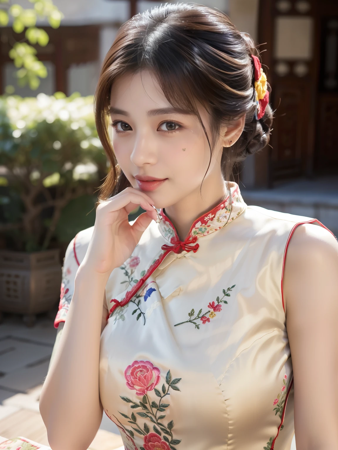 ulzzang-6500-v1.1, (Raw foto:1.2), (Photorealsitic:1.4), Delicate beautiful girl，The sparkling eyes have a very nice atmosphere..，18yo, Attractive eyes and moist lips，cabelos preto e longos，（ssmile：1.3），Detailed depiction of the face，Formula details，Detailed depiction of facial features Star Masterpiece Fine Detail，Describe your role in detail，Detailed depiction of hair，Carefully drawn ，My body is bumpy，Detailed depiction of the hand，Clothes drawn in detail，Detailed depiction of the face，face perfect，Detailed depiction of hands drawn in the military，4fingers and 1thumb：1.3），orthofacial，choker necklace，lipsticks，eardrop，Photo of three-quarters，Works of masters，Infinitely close to reality，（Upper body photo：1.3），Highest image quality，best qualtiy，infinite details，8k resolution，(((Beautiful patterned embroidered cheongsam 1.3)))，(((Colorful cheongsam)))，（Ancient courtyard scene：1.3）