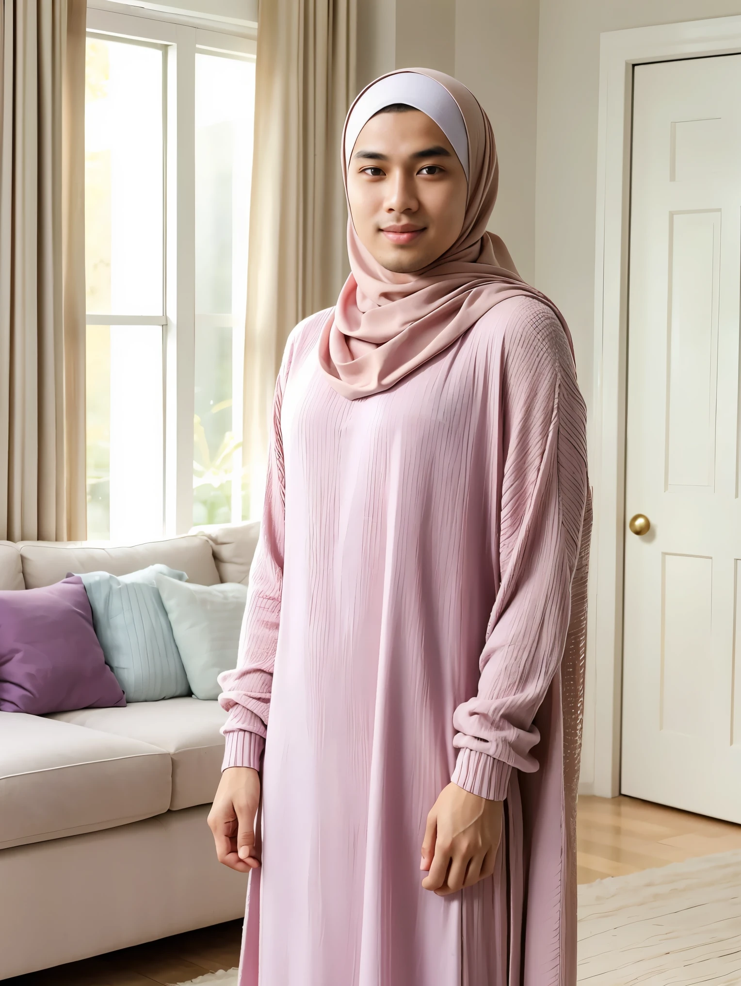 RAW, Best quality, high resolution, (masterpiece: 1.3), full body image, cute Indonesian man in hijab, Masterpiece, average man body, young man face, cute man face, bright skin, fair skin, cute eyes, graceful smile, soft smile, light make up, muslim man in hijab standing in the living room, feminine gesture, graceful expression, body facing viewer, looking to viewer, wearing full soft purple hijab, shawl, perfect hijab, wearing White knitted long housedress, pretty housedress, long housedress, knitted housedress, wearing house slippers, beautiful in cute pastel shades, beautiful in pastel shades, cleaning in living room, at noon, Great lighting, great sunlight, Bright colors, Ultra realistic clean lines, very realistic