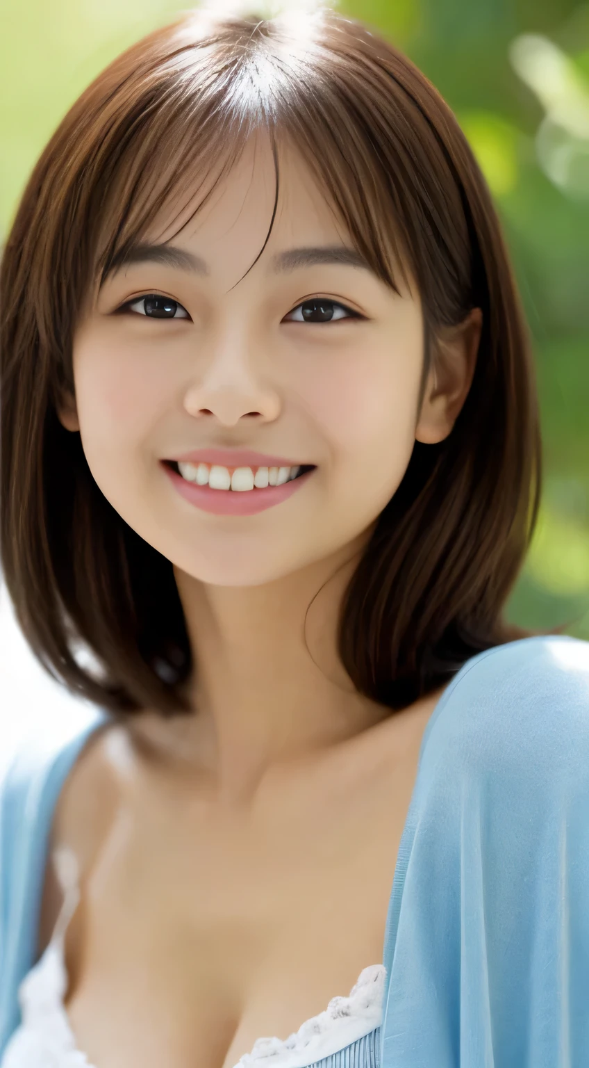 Japanese ),((beautiful girl)),cleavage,An expression that imagines something pleasant:1.2,(perfect body beauty:1.2),((perfect body)),(shy smile),beautiful teeth,