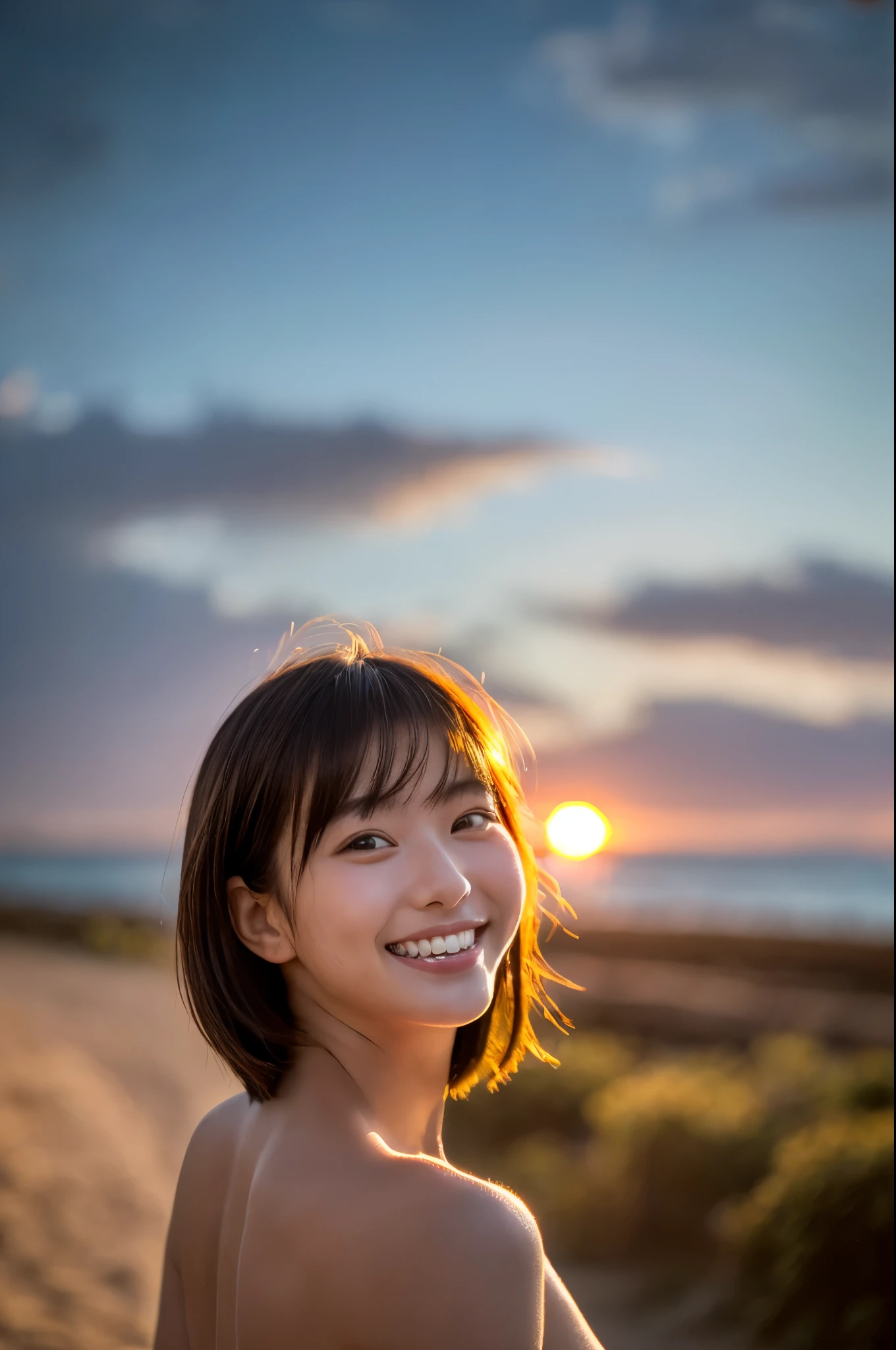 8K, (Surrealistic: 1.35), (realistic: 1.4), 1 beautiful japanese girl, smile, One, light makeup, masterpiece, excellent quality, high quality, puberty, (((Completely naked)))、 ((perfect body)), ((best image quality)), ((time)), ((very delicate and beautiful)), ((very shallow depth of field)), nffsw, ((incredibly shallow depth of field. familiar with)), (((very delicate and beautiful))), (((very shallow depth of field))), nffsw, (((incredibly absurd))), (((perfect body))), ((Completely naked！ )))), (((shoulder length hair)))), (((camera eye))), (((small))), (((幸せな最高のsmile))), poor, Own + background, dynamic angle, female focus, {particles of light}, detailed background, ((paul hedley)), soft lighting, (dramatic) sunset), sunset, very beautiful sunset, live action, realistic, top angle, かわいいsmile, (background blur), 18-year-old, skinny, ((strong wind)), ((movement ))), ((emotion)), ((colorful)), ((baby face)), ((beautiful teeth)), wither, ocean background、
