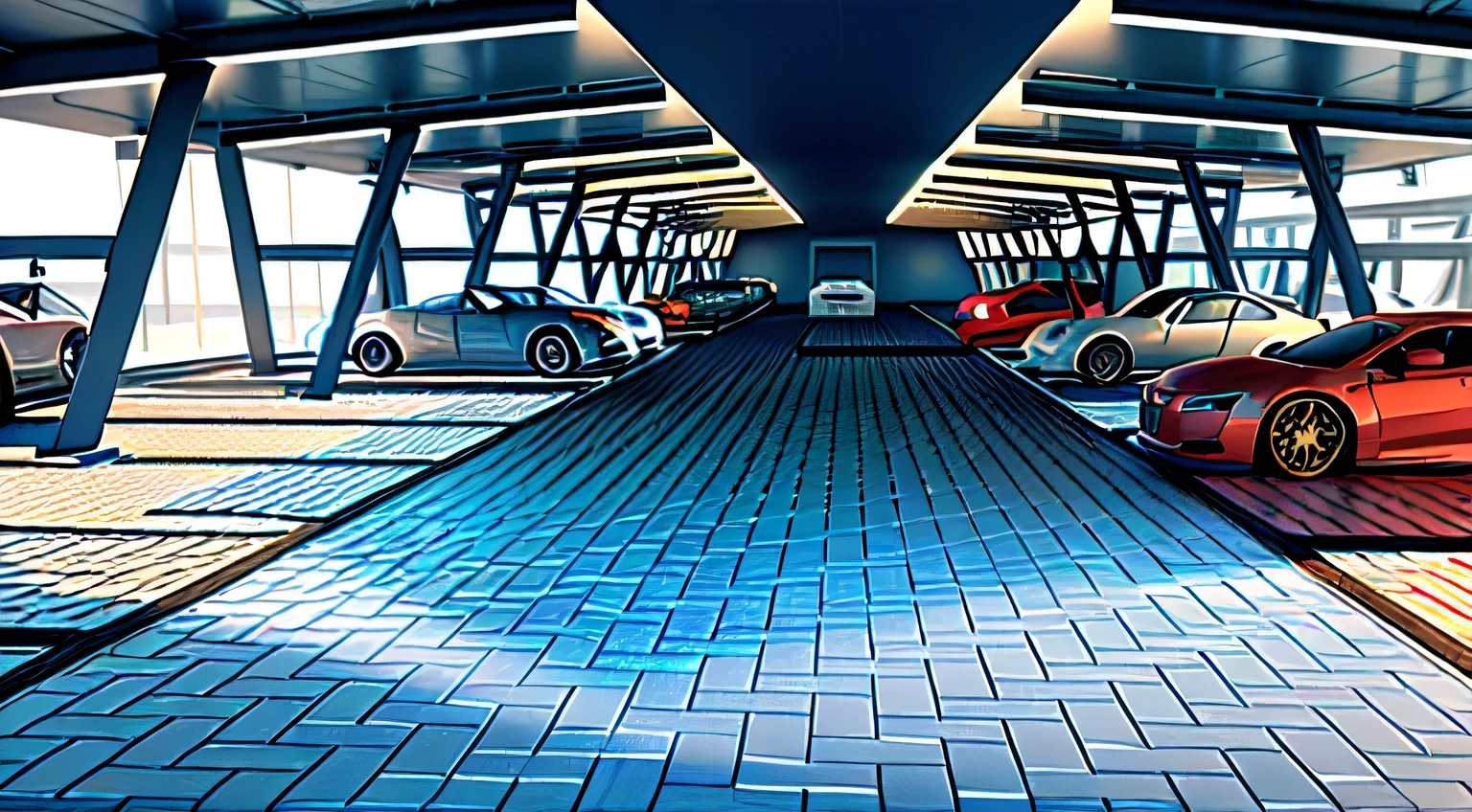 There are many cars parked in the parking lot, low angle dimetric rendering, The car is parked below, Volumetric render, Volumetric rendering, 光线追踪rendering, rendering, 交通設計rendering, lumion rendering, 亮度rendering, 在lumion pro中rendering, conceptual, Volumetric, 最終rendering, 3d 最終rendering, 3 d 最終rendering