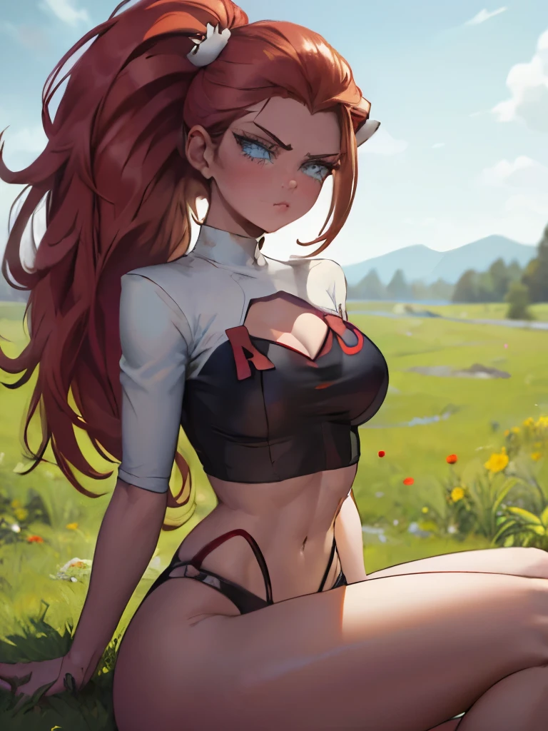 ((1girl)), gorgeous girl in sitting on grass, crossing legs, ((redhair slicked back, long hair)),((serious face)), large blue eyes, redlip gloss, ((blushing face)), perfect body, team rocket, ((white tight croptop)), ((deep clevage)), thickthighs, masterpiece, highres, sharp image, open field scenery, sunny day, ((blurredbackground:1.3)), ((frontview))