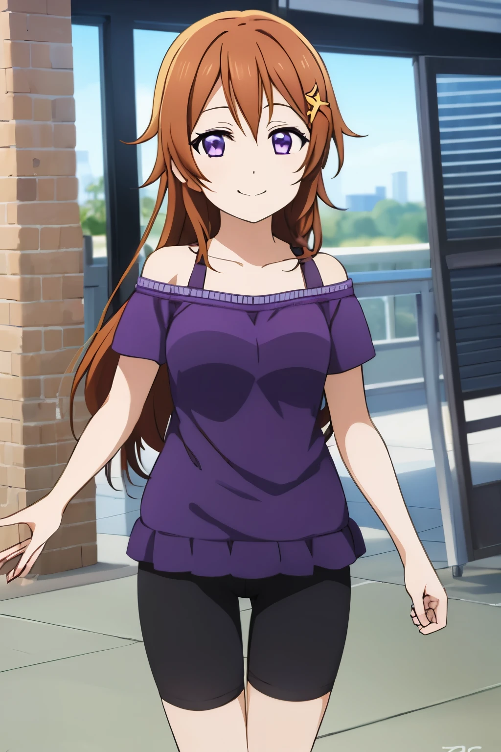 (best quality, masterpiece:1.2), (1girl, solo:1.2), smile, detailed background, (looking at viewer, solo focus:1.2), 
Konoe kanata, long hair, straight hair, purple eyes, brown hair, off-shoulder, black strap, purple dress, purple shirt short, short sleeves, standing, two peace sign, solo focus, bike shorts, black bike shorts, looking ahead, bike shorts, black bike shorts, 