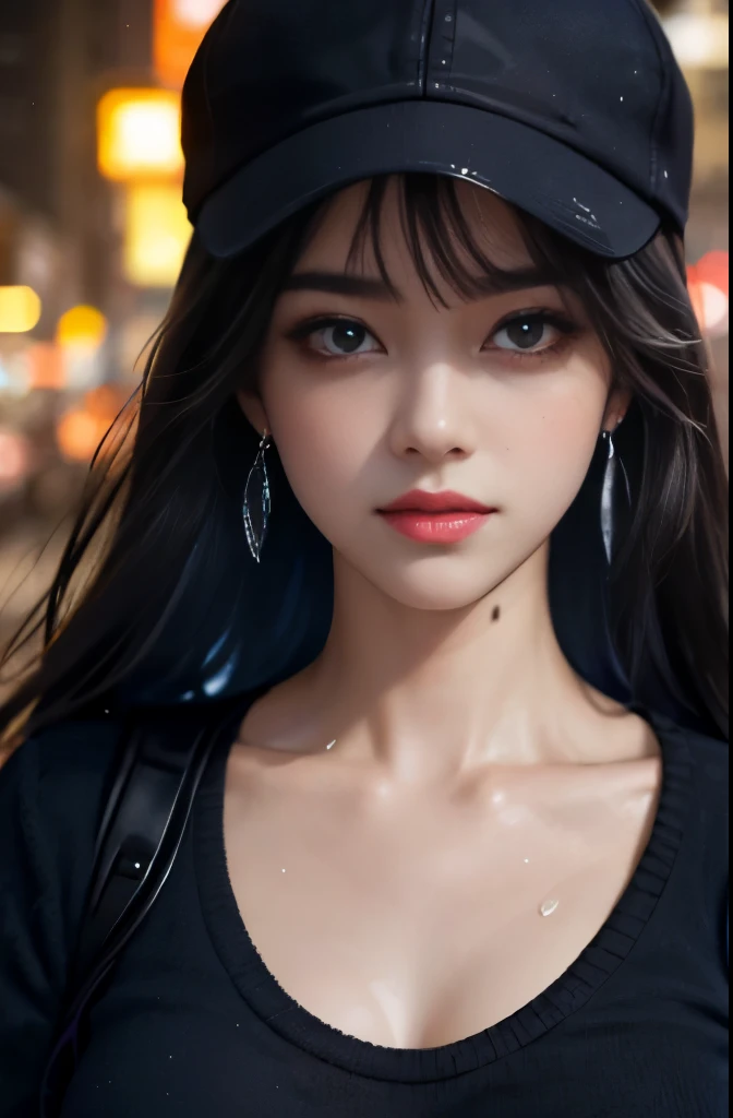 (masterpiece:1.4), (highest quality:1.4), very detailed, Complex, very detailed, (perfect face), (dripping sweat、oil skin,sparkling skin、realistic skin texture、detailed beautiful skin、shiny skin、shiny skin)、beautiful anime girl、Black cap and blue lining、black long sweater dress、white open hoodie、tight clothes、long black hair、Blue mesh and inner color hair、cool beauty、narrow and sharp eyes、beautiful double eyelids、big cleavage、silver earrings、Cyberpunk downtown area at night、