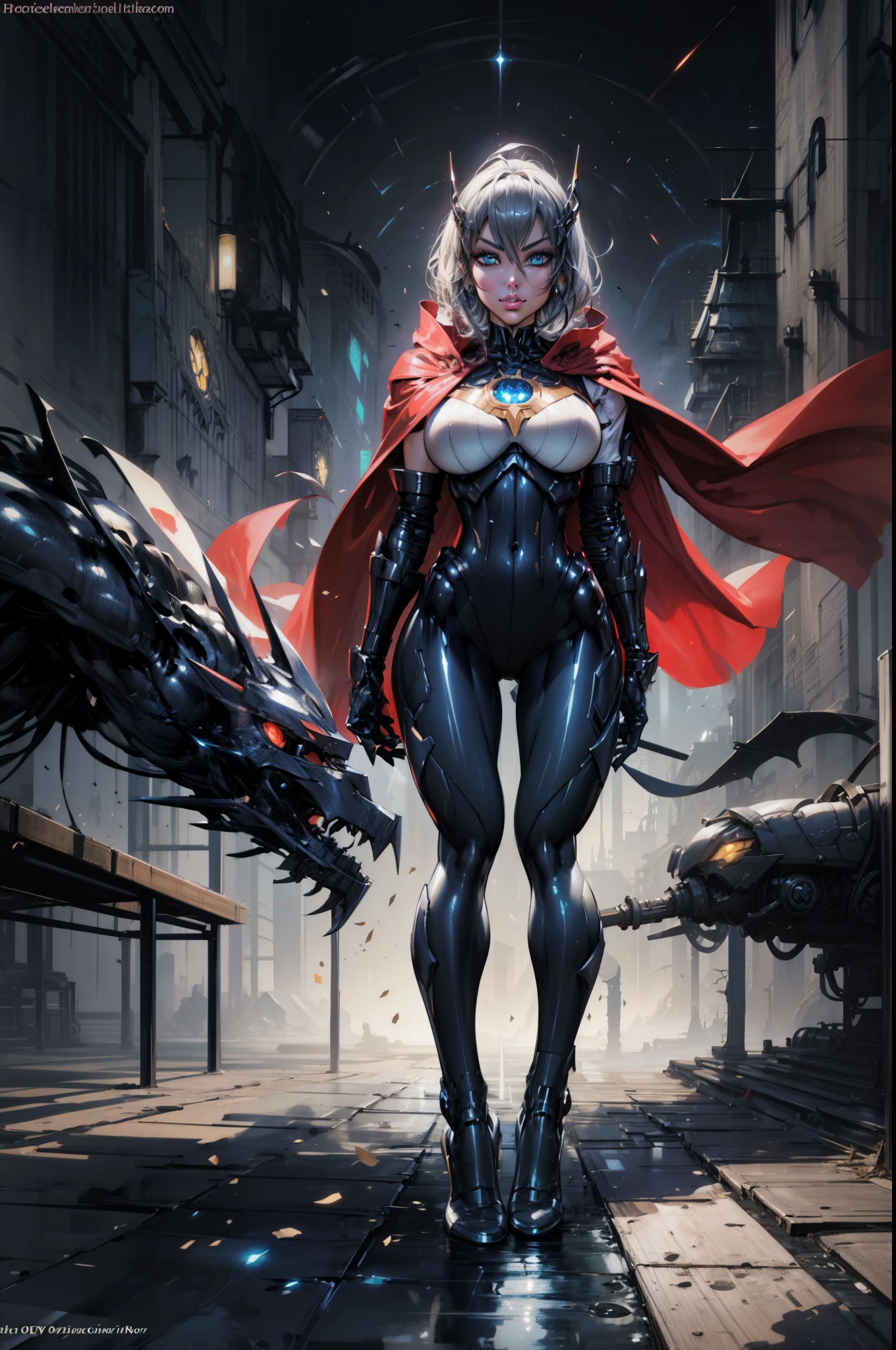 Waist up (perspective angle from bottom to top) super heroine hot girl (masterpiece), best quality, expressive eyes, perfect face, art in fantasy mythic action effect, sharp focus, wearing super detailed suit with mechanicles part & hero cape, cybersamurai, glowing, holding sword