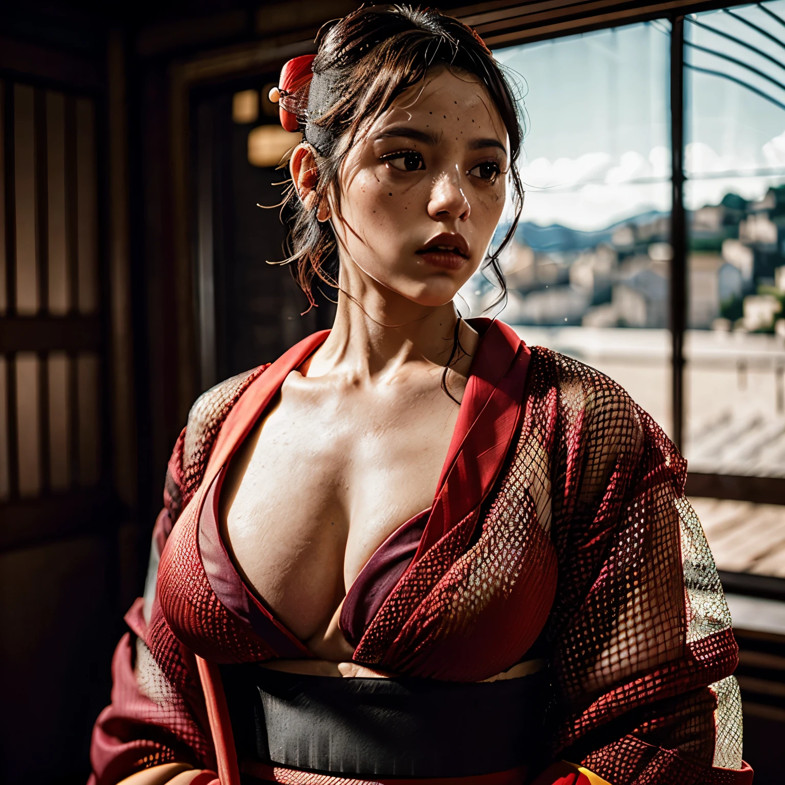 Jortega, Photorealistic mature female, (((south of France))), (((wearing mesh red kimono))), Detailed skin, detailed body, Natural Skin Texture, realistic skin, skin pores, intricate detail, raw photo, lifelike rendering, immersive atmosphere, chiaroscuro, moody lighting, perfect female body, ((mid shot))