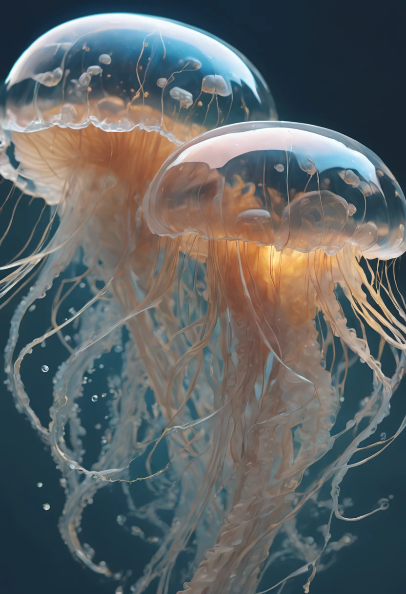 (intricate detail:1.4), ai-generated, (extremely insane detail:1.4), highest quality, (Soft colors 4k highly detailed digital art), Close up of delicate splash of water that forming into Jellyfish, as splash of water reflect light, each splash detailed and rendered with a masterful gouache technique, surrounded by mysterious atmosphere of light and shadow art, great environment, subtly illuminate, surreal