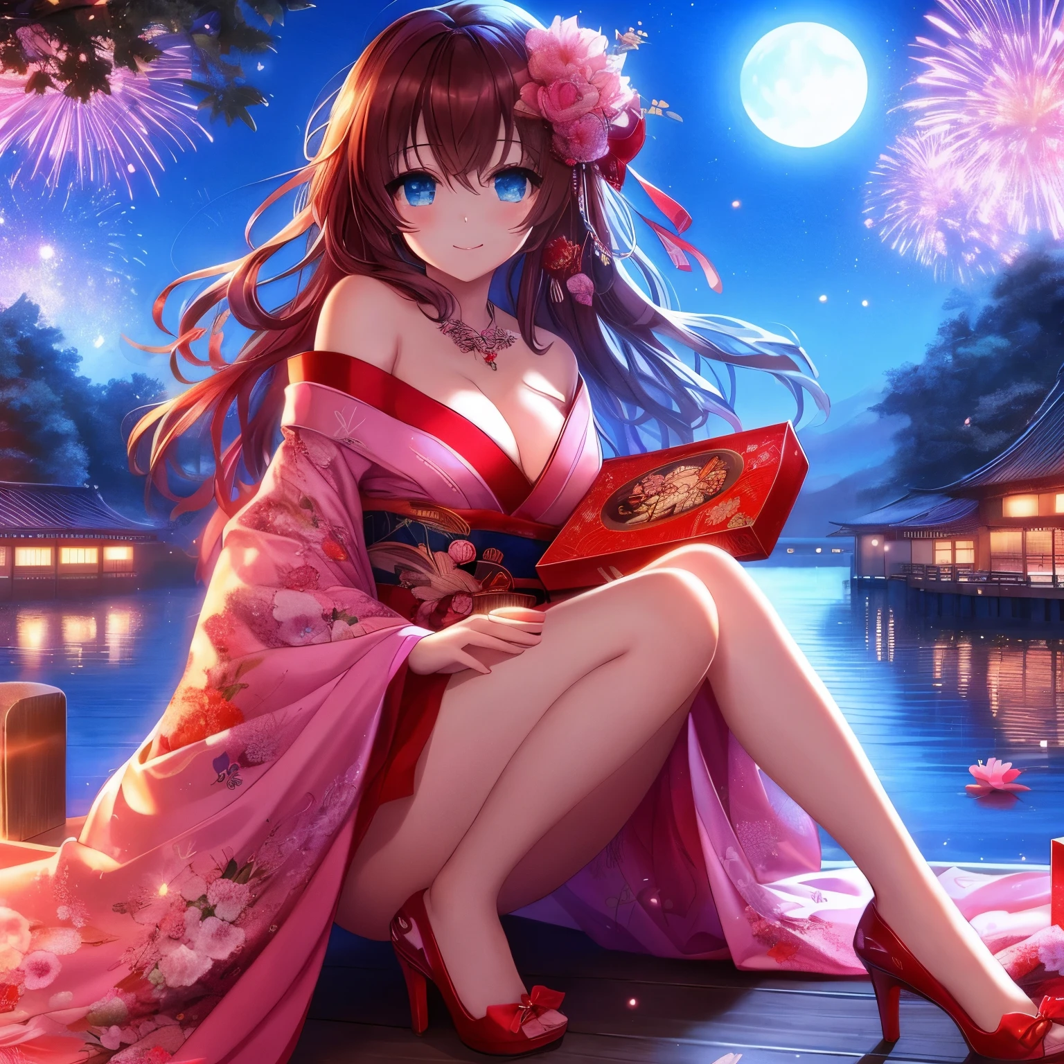 A woman in a kimono sits on the piereworks in the background, anime style 4k, Beautiful charming anime woman, beautiful anime girl, Cute anime waifu wearing beautiful clothes, 4k anime wallpaper, anime art wallpaper 8k, seductive anime girl, anime art wallpaper 4k, Anime Art Wallpaper 4k, Beautiful anime woman, anime wallpaper 4k