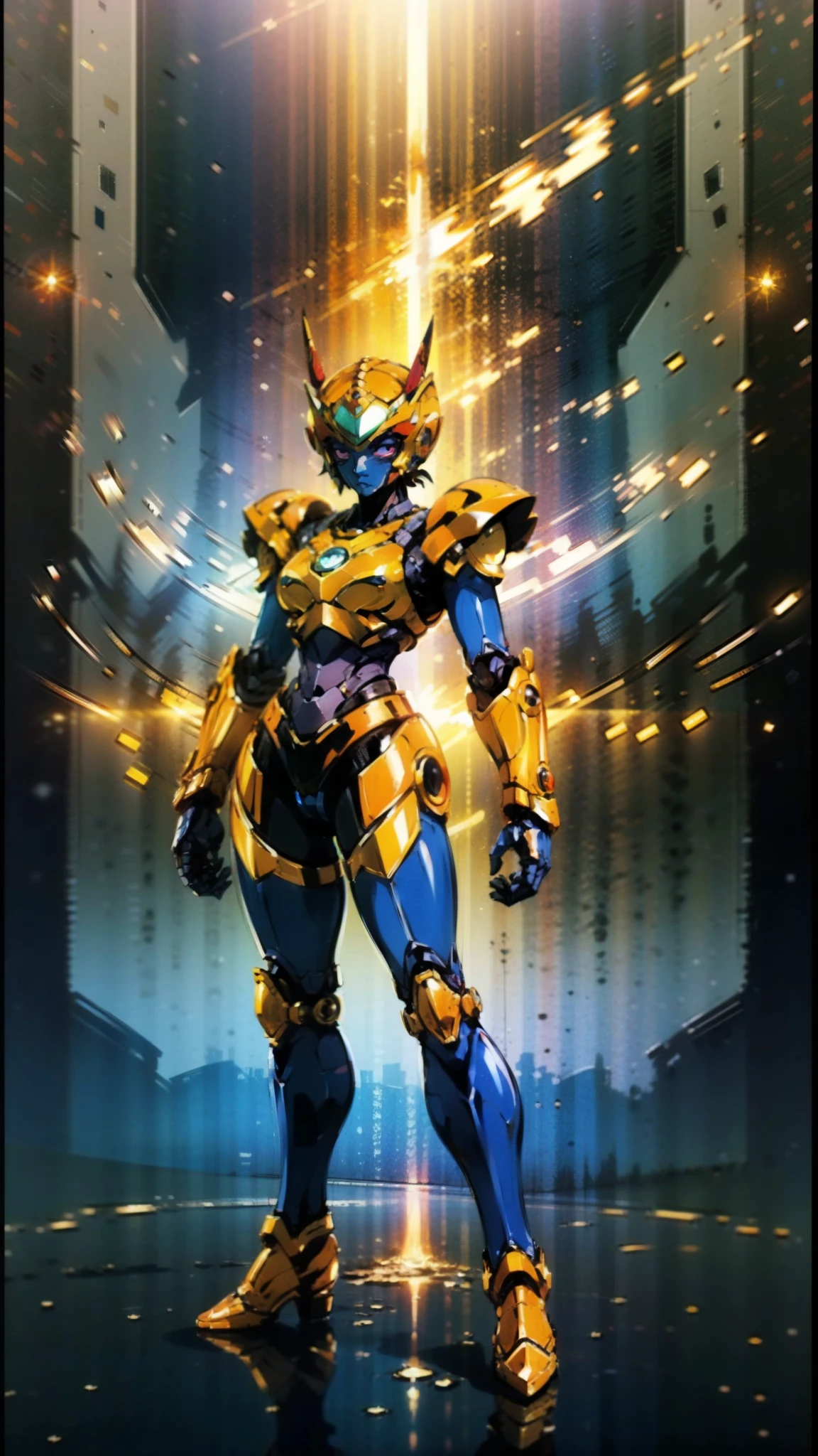 A woman adorned in fantasy-style full-body armor, a crown-concept fully enclosed helmet that unveils only her eyes, a composite layered chest plate, fully encompassing shoulder and hand guards, a lightweight waist armor, form-fitting shin guards, the overall design is heavy-duty yet flexible, ((the armor gleams with a golden glow, complemented by red and blue accents)), exhibiting a noble aura, she floats above a fantasy-surreal high-tech city, this character embodies a finely crafted fantasy-surreal style armored hero in anime style, exquisite and mature manga art style, (Queen bee mixed with Spider concept Armor, plasma, blood), ((Element, energy, elegant, goddess, femminine:1.5)), metallic, high definition, best quality, highres, ultra-detailed, ultra-fine painting, extremely delicate, professional, anatomically correct, symmetrical face, extremely detailed eyes and face, high quality eyes, creativity, RAW photo, UHD, 32k, Natural light, cinematic lighting, masterpiece-anatomy-perfect, masterpiece:1.5