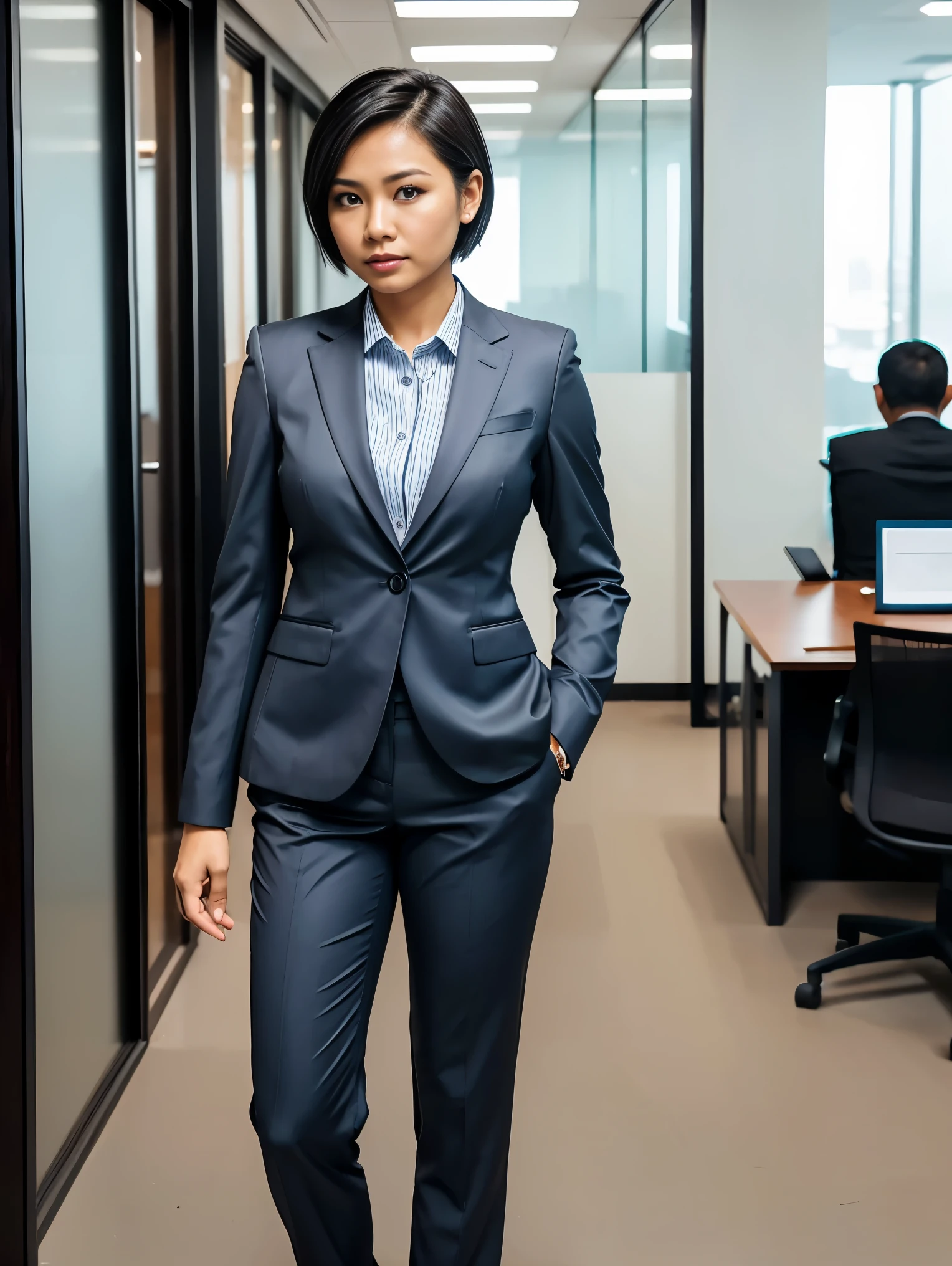An Indonesian woman in suit, full body portrait posing, Business suit, professional corporate portrait, office clothes, wearing fashion suit, Business clothes, very short hair, buff body, flat breast, rough face, no makeup, no accessory, macho pose, fully body photo, portrait full body, wear suit, full body portrait shot