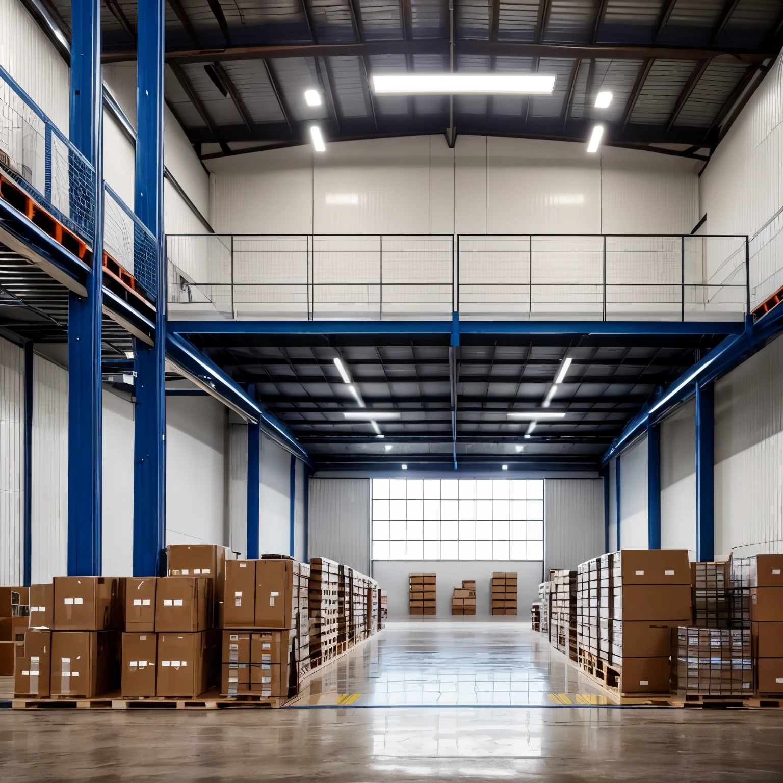 arafed storehouse with boxes and pallets in a large storehouse, in storehouse, inside a storehouse, in a storehouse, storehouse, storehouses, cold storage facilities, where is a big, empty storehouse background, [[empty storehouse]] background, completely filled space, commercial lighting, a lot of light, industrial space, william storehouse, white light，Overall cool color