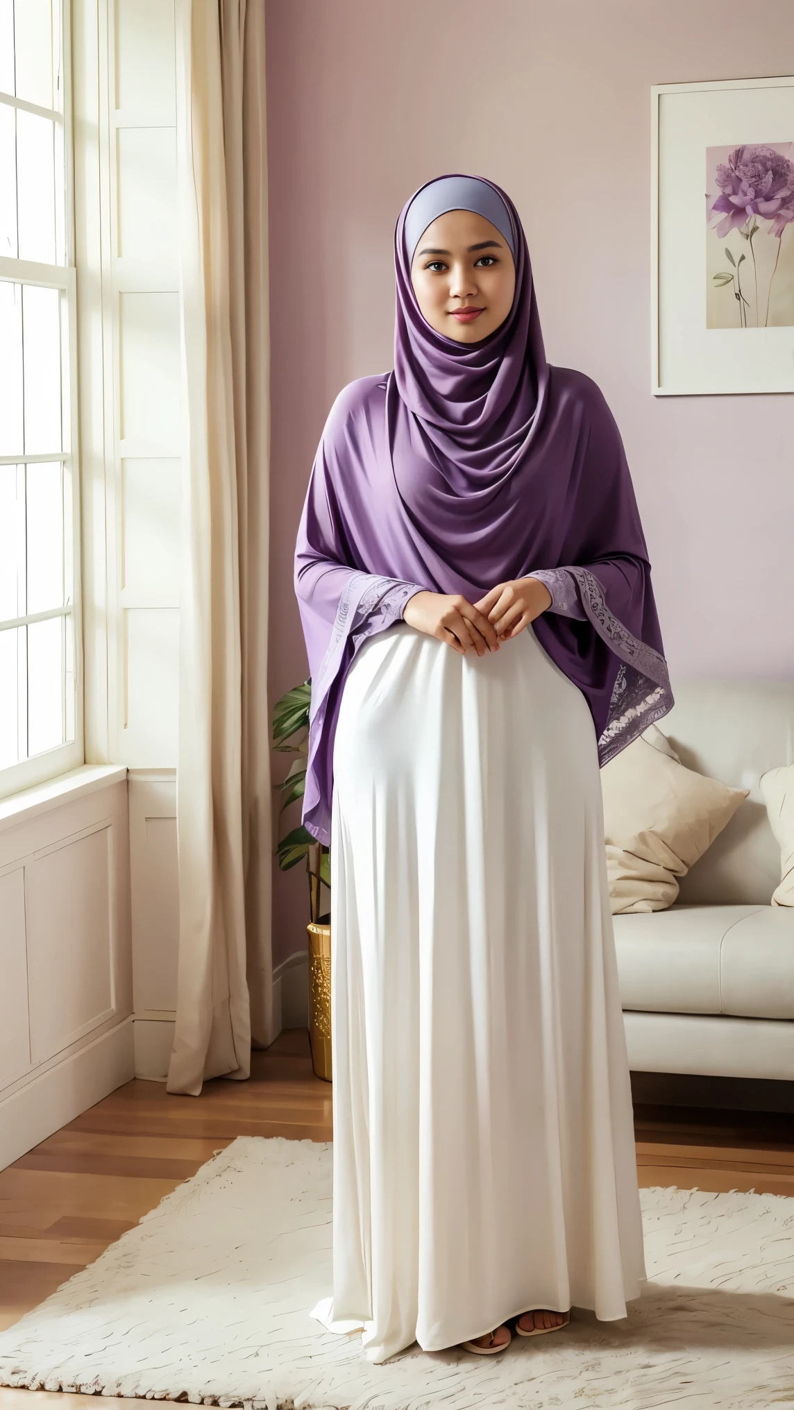 RAW, Best quality, high resolution, (masterpiece: 1.3), full body image, cute Indonesian man in hijab, Masterpiece, average man body, young man face, cute man face, bright skin, fair skin, cute eyes, graceful smile, soft smile, light make up, muslim man in hijab standing in the living room, feminine gesture, graceful expression, body facing viewer, looking to viewer, wearing full soft purple hijab, shawl, perfect hijab, wearing White knitted long housedress, knitted housedress, wearing house slippers, beautiful in cute pastel shades, beautiful in pastel shades, cleaning in living room, at noon, Great lighting, great sunlight, Bright colors, Ultra realistic clean lines, very realistic