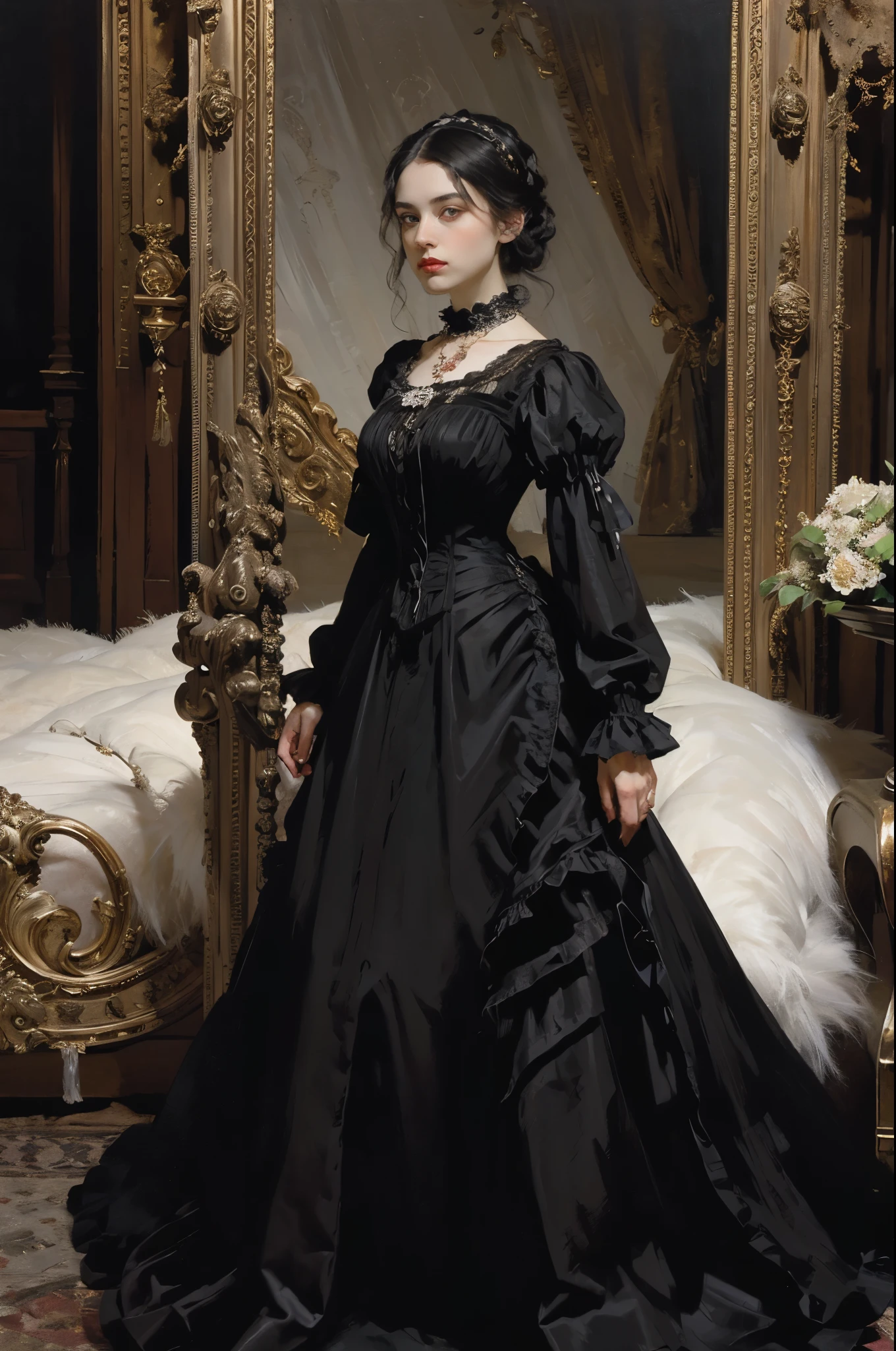 classical painting, ((PORTRAIT: 1.3)), a girl in a black dress, a formal dress of the Victorian style, (Victorian evening dress: 1.3), the dress has a stand-up collar, a young girl 25 years old, pale skin, slender, monochrome image with accent color, red ruby necklace,