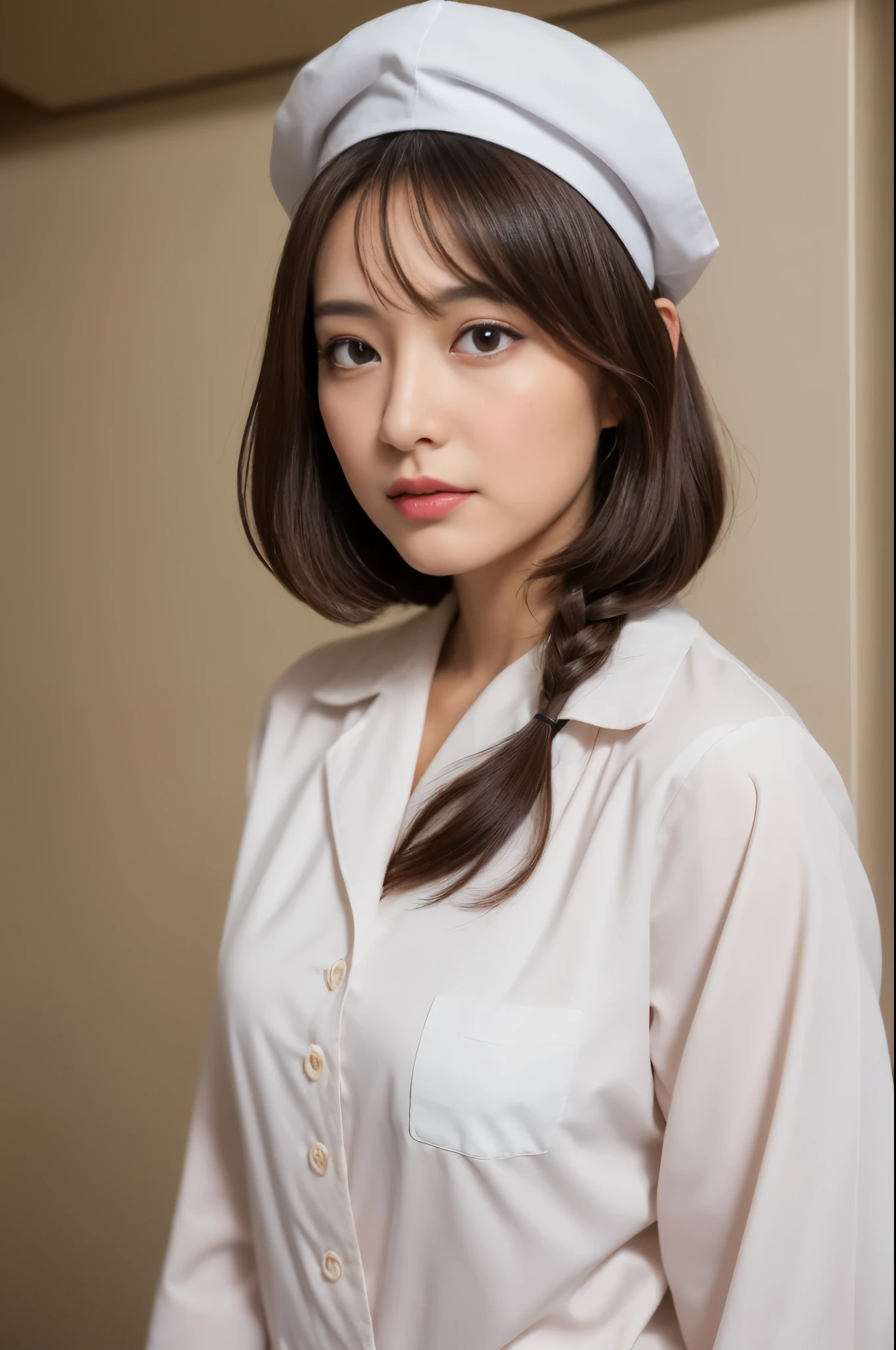 (Best quality, 8k, 32k, Masterpiece, UHD:1.2),Photo of Pretty Japanese woman, 1girl, (medium-short dark brown hair), (large breasts), double eyelid, White nurse uniform, small white nurse (cap), white shirt, open shirt, hospital, patient's room, upper body, sexy