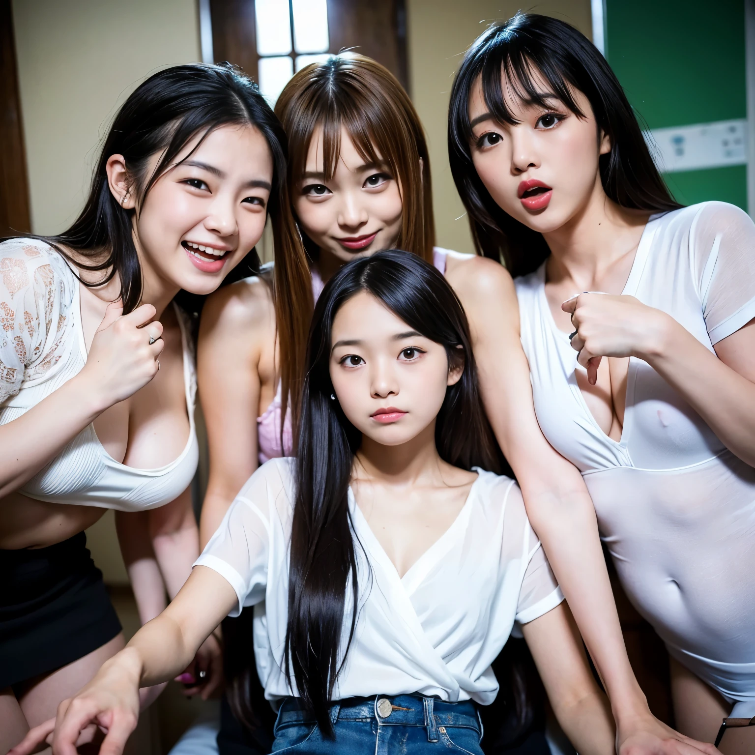 Best-quality, Masterpiece, Ultra-High-Resolution, (Photorealistic:1.4), Raw-Photo, Extremely-Details, 

(((photo of 3-girls having a lot of fun at home drinking party))), 

((They all are members of the most popular Japanese idol-groups and 15-years-old):1.2). They all have extremely cute faces and all extremely beautiful big black solid circle eyes. They all have extremely beautiful hair. ((They all are high on cocaine and wearing clothes with sexy design.):1.3)