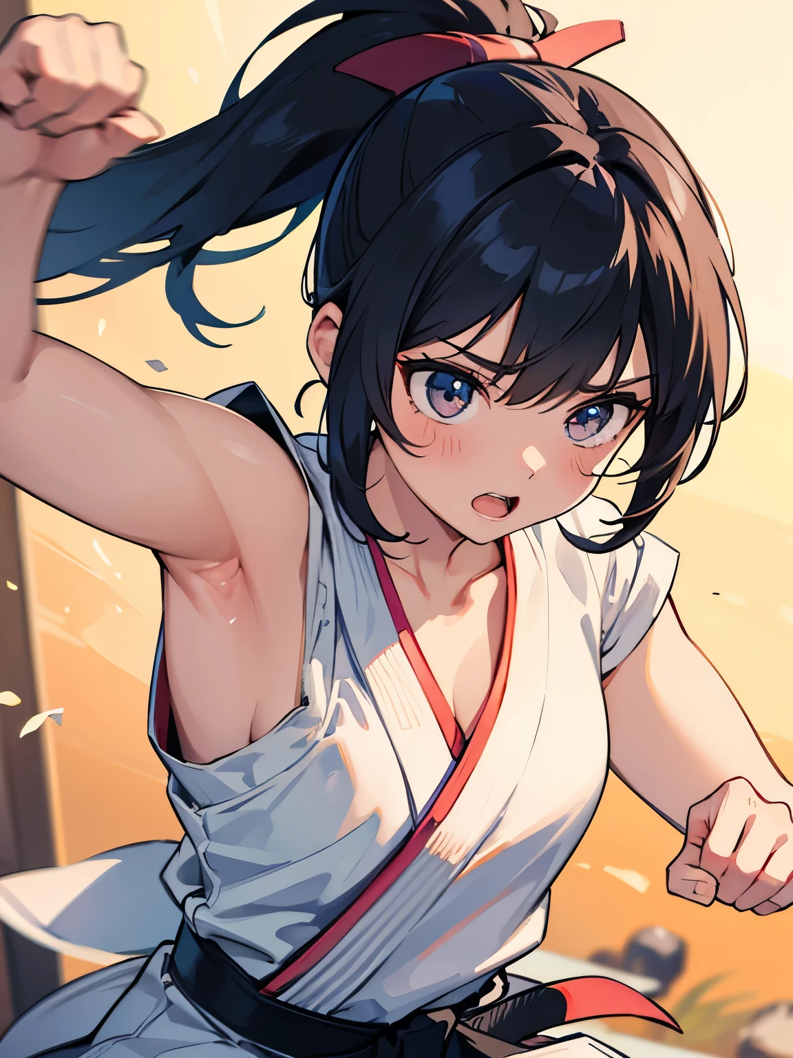 Masterpiece,best quality,ultra detailed,8k,(1girl),(fighter),(Karate), (((karate chop))),(chop attack),swing down from above, break collarbone, (muscular), impact