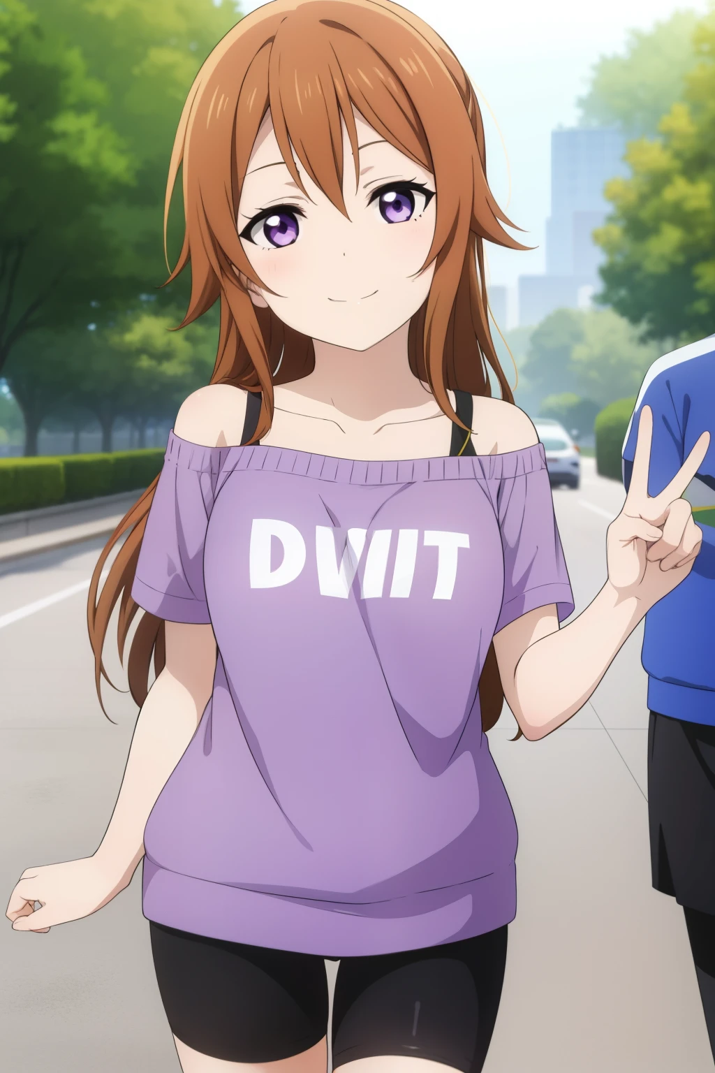 (best quality, masterpiece:1.2), (1girl, solo:1.2), smile, detailed background, (looking at viewer, solo focus:1.2),
Konoe kanata, long hair, straight hair, purple eyes, brown hair, off-shoulder, black strap, dress, purple t-shirt short, short sleeves, standing, two peace sign, solo focus, bike shorts, black bike shorts, looking ahead, bike shorts, black bike shorts,