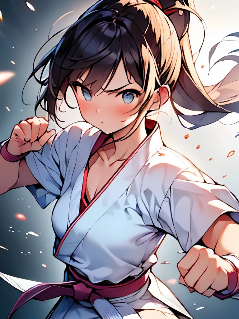 Masterpiece,best quality,ultra detailed,8k,(1girl),(fighter),(Karate), (((karate chop))),(chop attack),swing down from above, break collarbone, (muscular), impact