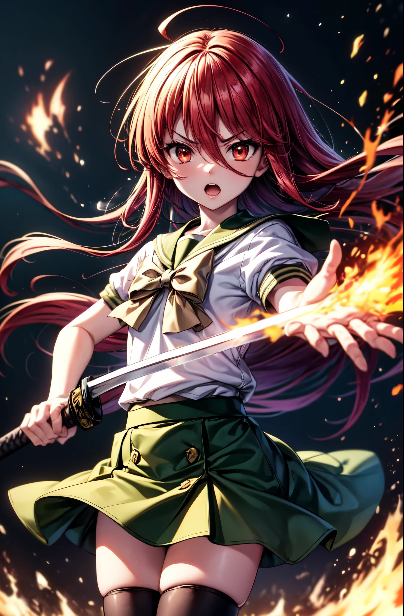 1 girl, cowboy shot, rubble ruins, anger, (battle preparation:1.2), open your mouth, (night:1.2), explosive inflammation,shana, red eyes, redhead, very long hair, hair between eyes, (Ahoge:1.1), , school uniform, serafuku, white shirt, short sleeve, green skirt, Thighhighs, black rider suit,He holds a Japanese sword wrapped in flames in both hands.,highest quality, masterpiece, High resolution,