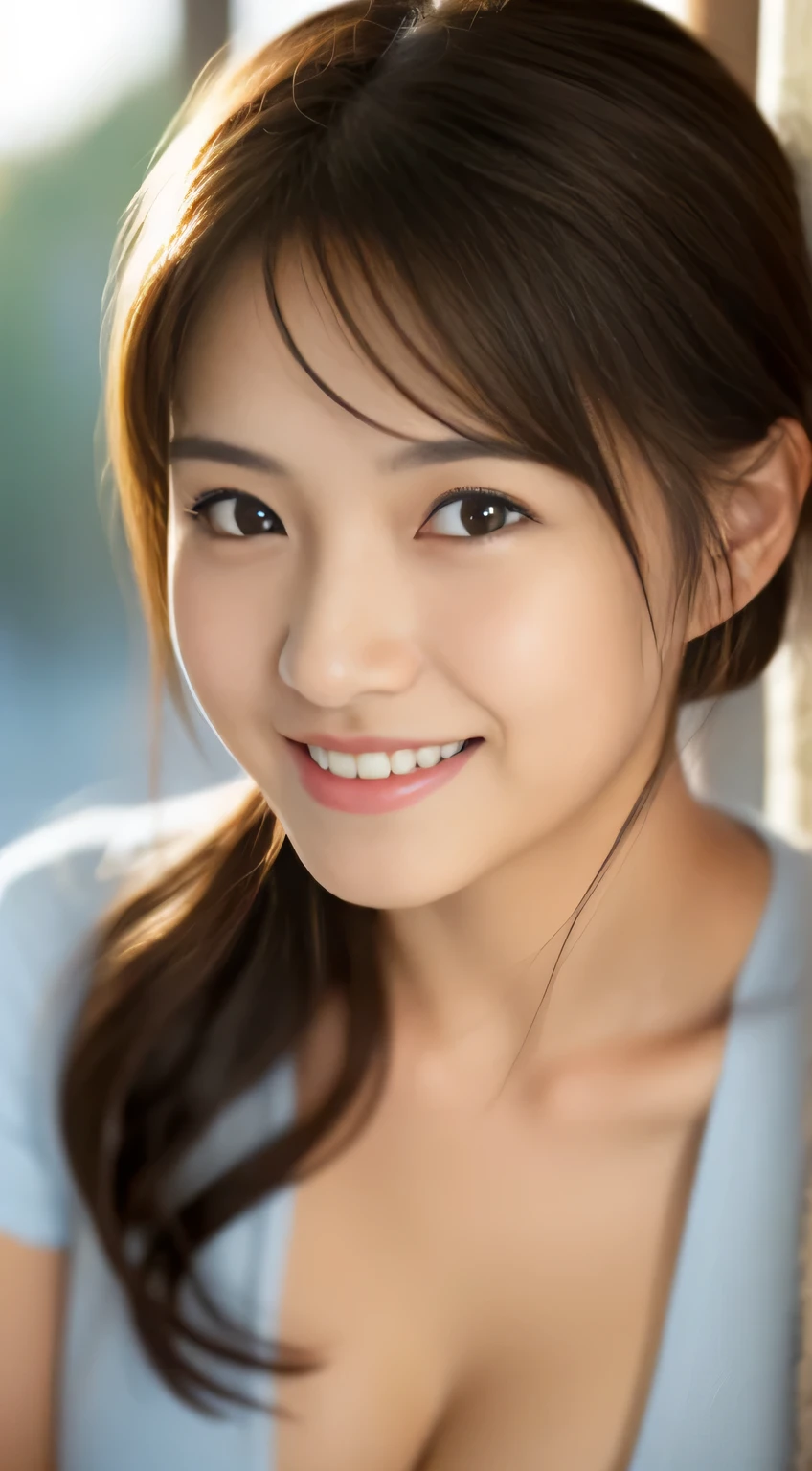 Japanese ),((beautiful girl)),cleavage,An expression that imagines something pleasant:1.2,(perfect body beauty:1.2),((perfect body)),(shy smile),beautiful teeth,