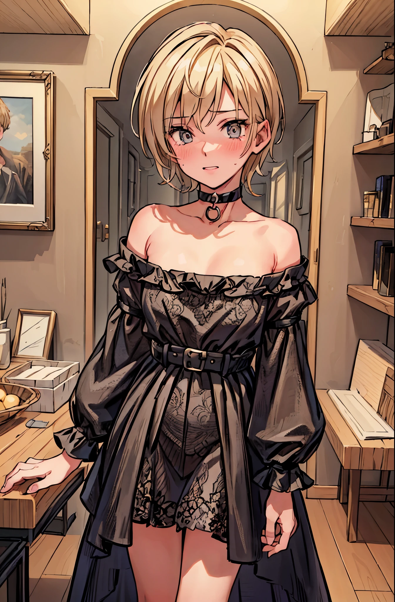 (best quality, ultra-detailed, indoor scene, highres, masterpiece:1.2), portraits, detailed face and features, boy, feminine boy, tomboy, feminine boy, trap, natural makeup, kissing scene, black choker, blonde short hair, boy's face, crying, blushing, casual dress, vibrant colors, soft lighting