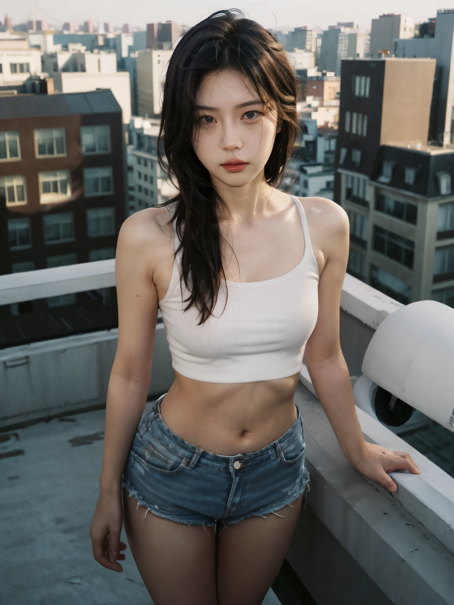 ((mid night、top-quality、8k、​masterpiece:1.3)), full bodyesbian, long legged, sharp focus:1.2, Beautiful woman with perfect body shape:1.4, Slender Abs:1.1, ((dark brown kare short hair、medium tit:1.2,)), (White tight tank-top、Tight skinny jean shorts 、is standing:1.2), ((Night City View、On the rooftop:1.3)), Highly detailed facial and skin texture, A detailed eye, double eyelid