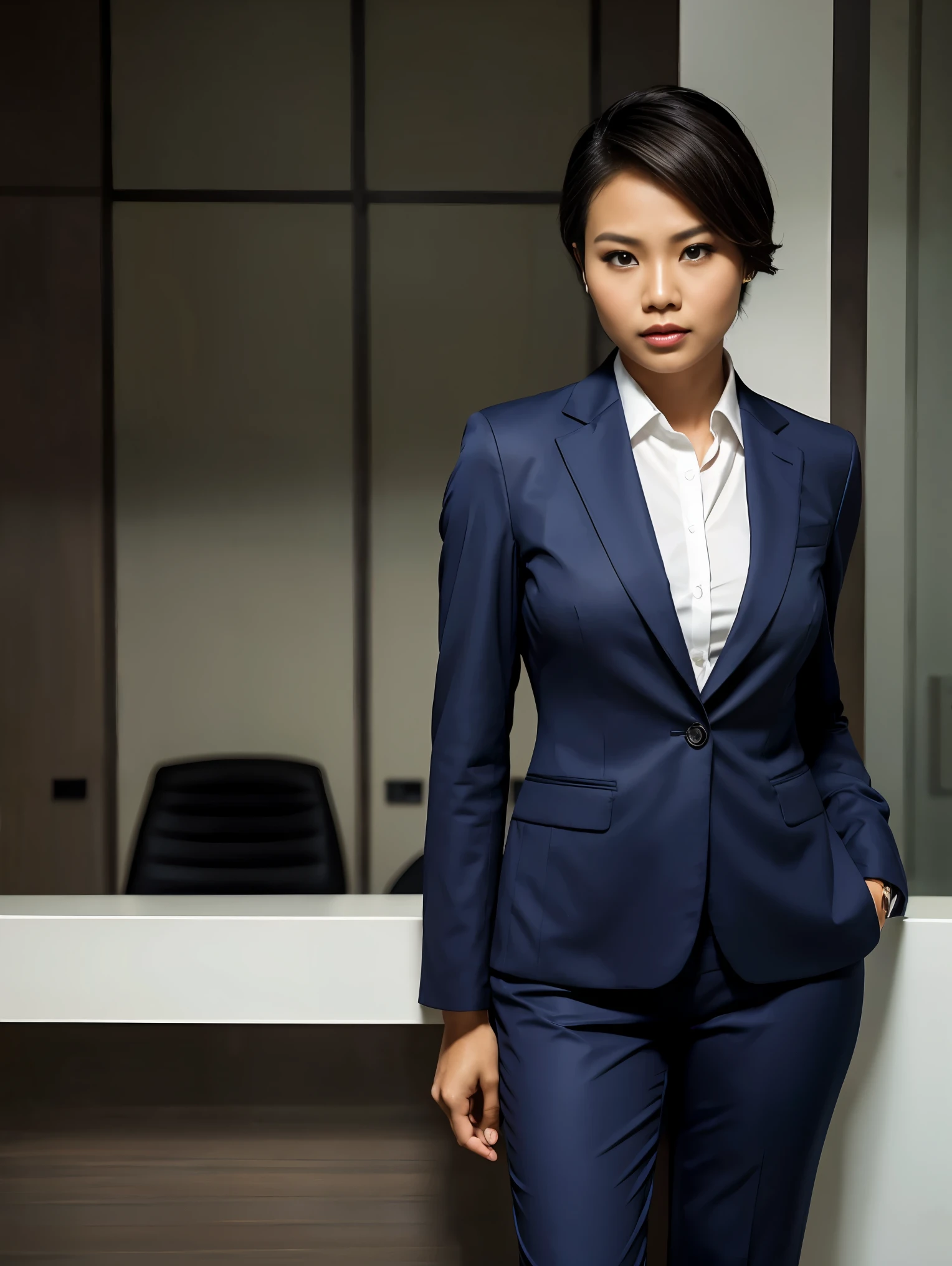 An Indonesian woman in suit, full body portrait posing, Business suit, professional corporate portrait, office clothes, wearing fashion suit, Business clothes, wearing pantofel shoes, buzz cut hair, buff body, flat breast, rough face, no makeup, no accessory, macho pose, fully body photo, portrait full body, wear suit, full body portrait shot