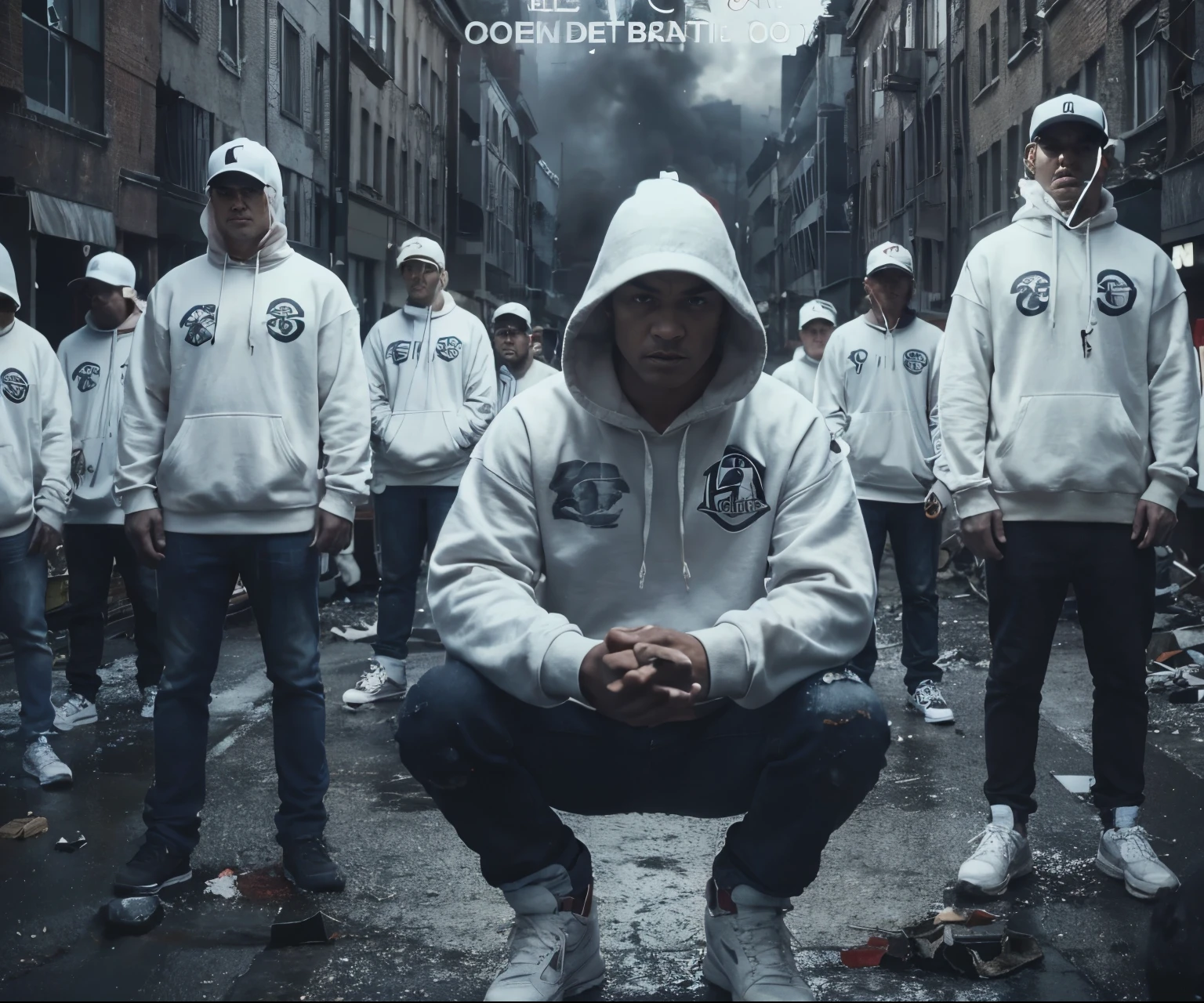 Several men with blurred angry faces and a baseball bat next to each other and one in front standing out with their arms crossed and wearing a plain red sweatshirt and jeans and a red cap with an angry face on a street and destroyed houses in the background