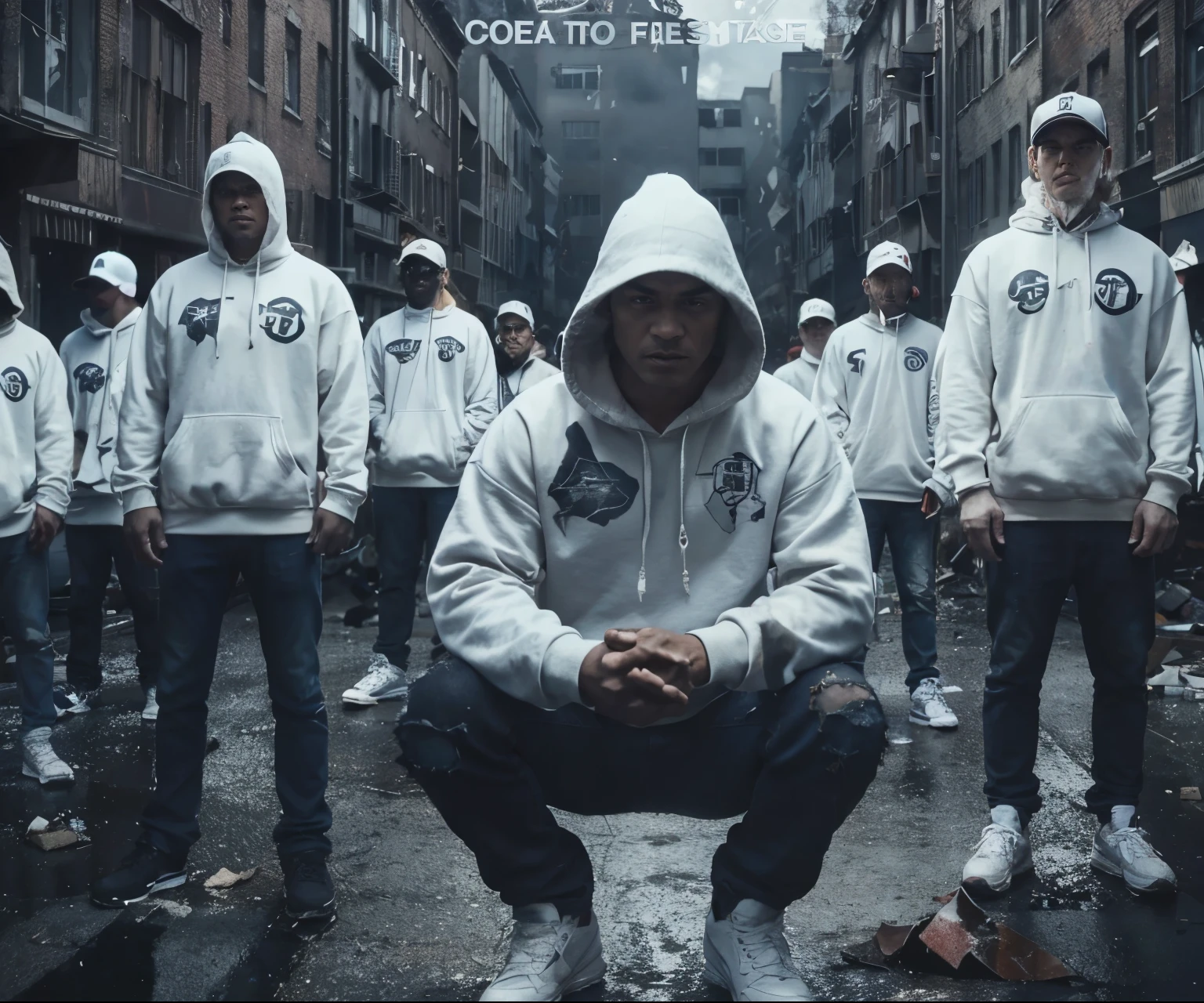 Several men with blurred angry faces and a baseball bat next to each other and one in front standing out with their arms crossed and wearing a plain red sweatshirt and jeans and a red cap with an angry face on a street and destroyed houses in the background