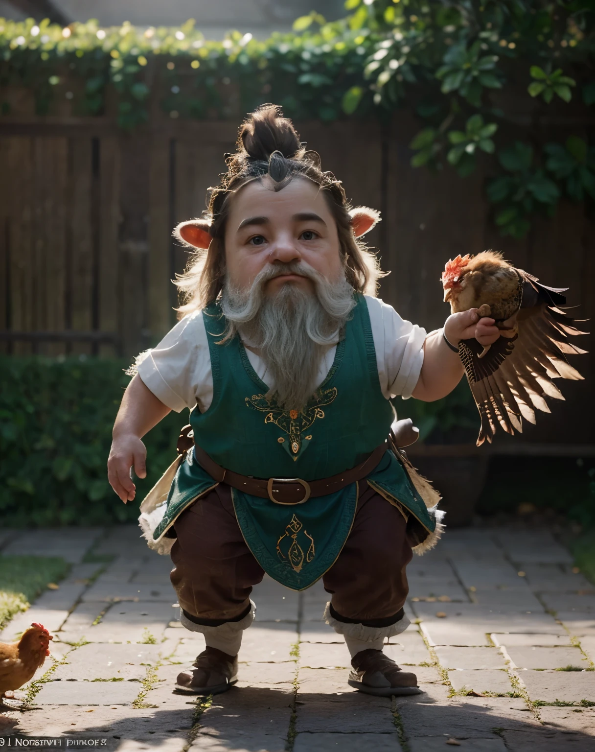 A cinematic, beautiful, full body shot of a cute dwarf chasing a chicken, close midshot, high detail, 8k, photorealistic, rule of thirds depth of field intricate details, concept art, vivid colors, detailed design, attention to detail, grandeur, stunning visual masterpiece, fantastical realm, hard light